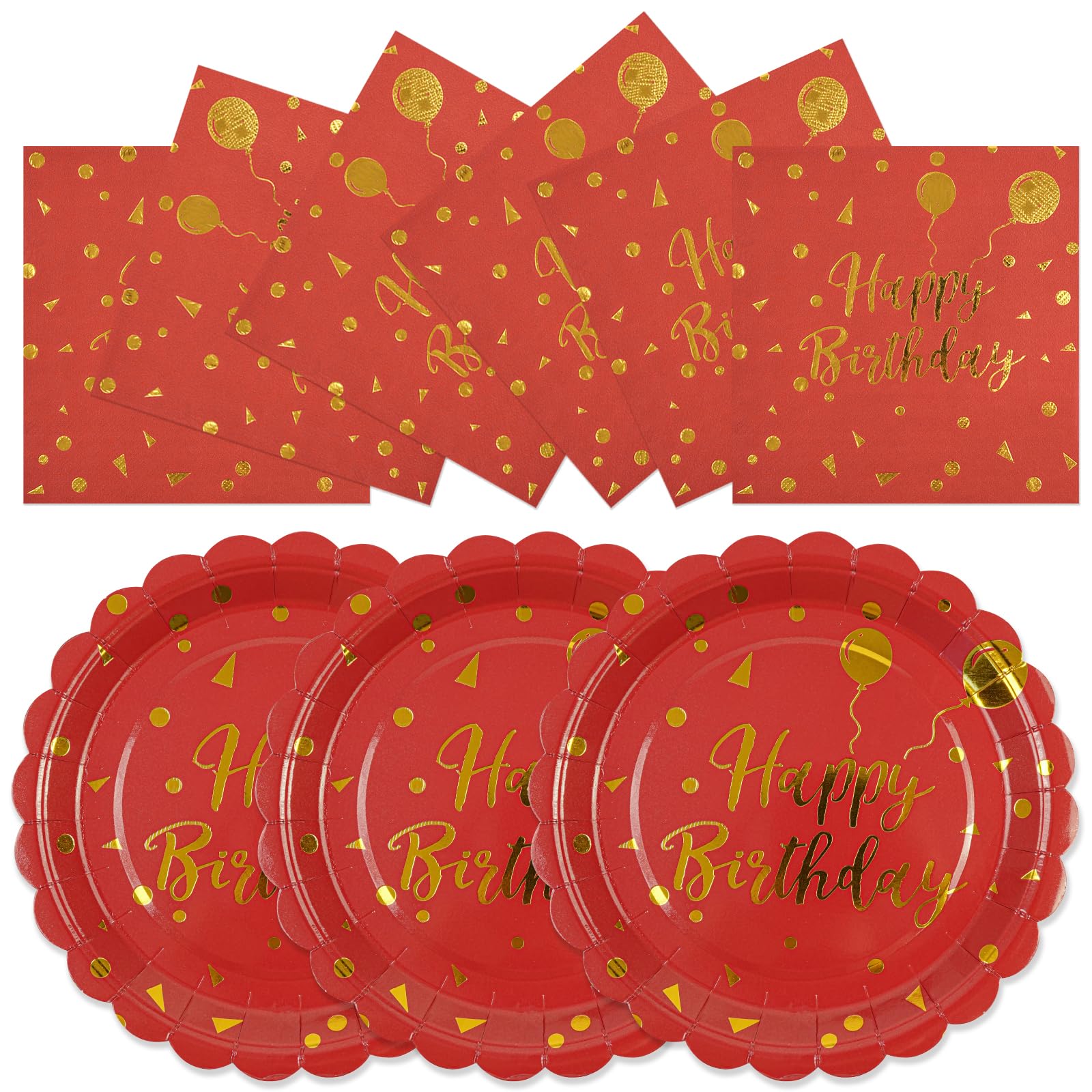 50PCS Happy Birthday Paper Plates and Napkins Party Decorations - 7 Inch Scalloped Red and Gold Dessert Plates and 6.5 Inch Napkins Disposable Tableware Set Birthday Party Supplies, Serves 25