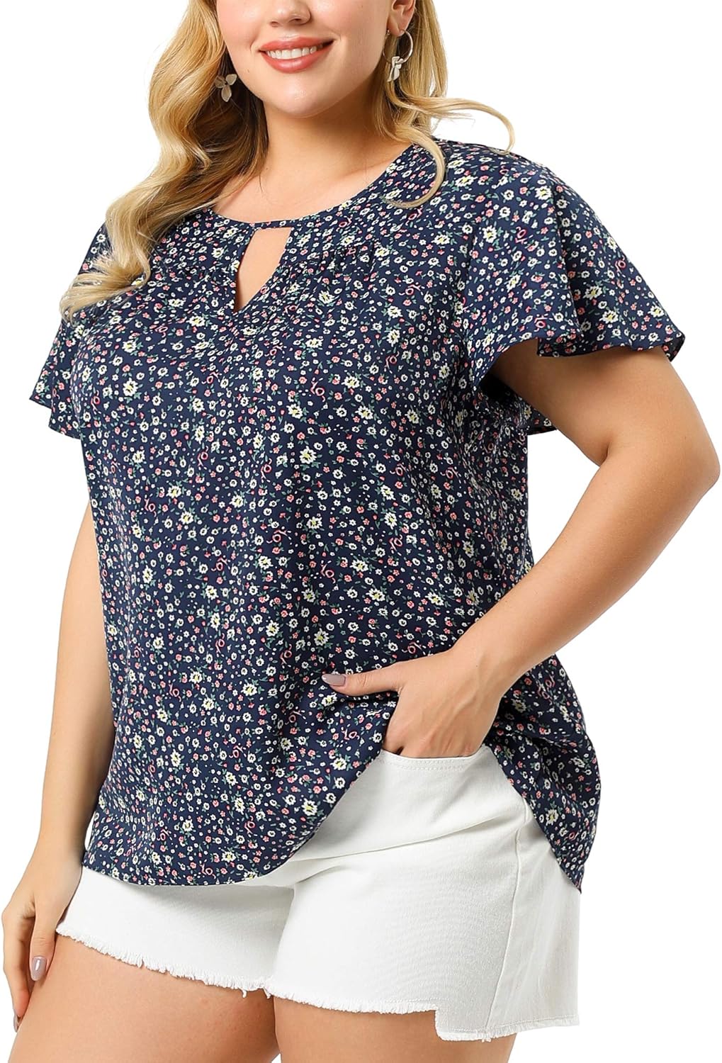 Agnes Orinda Women's Plus Size Blouses Summer Ruffle Short Sleeve Shirts Keyhole Chiffon Tops - Image 2