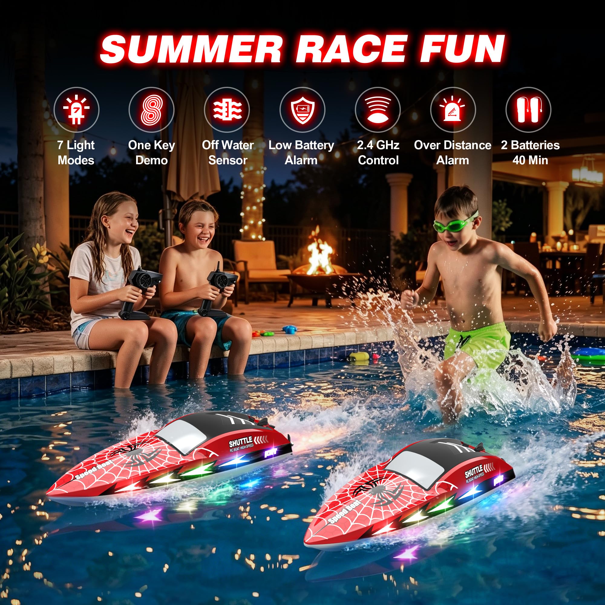 Barco teledirigido con 7 modos de luz, barco teledirigido de 20 km/h, con modo de un clic, 2,4 GHz barcos de carreras con 2 pilas, 40 minutos de tiempo de juego y graffiti de arañas, piscinas y lagos