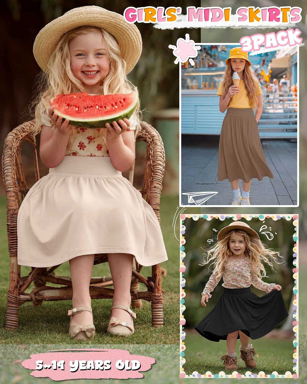Xaatren 3 Pack Girls' Knee Length Skirts 5-14 Years Teen Midi Pockets High Waist Kids Casual Flowy Swing A Line Summer Skirts