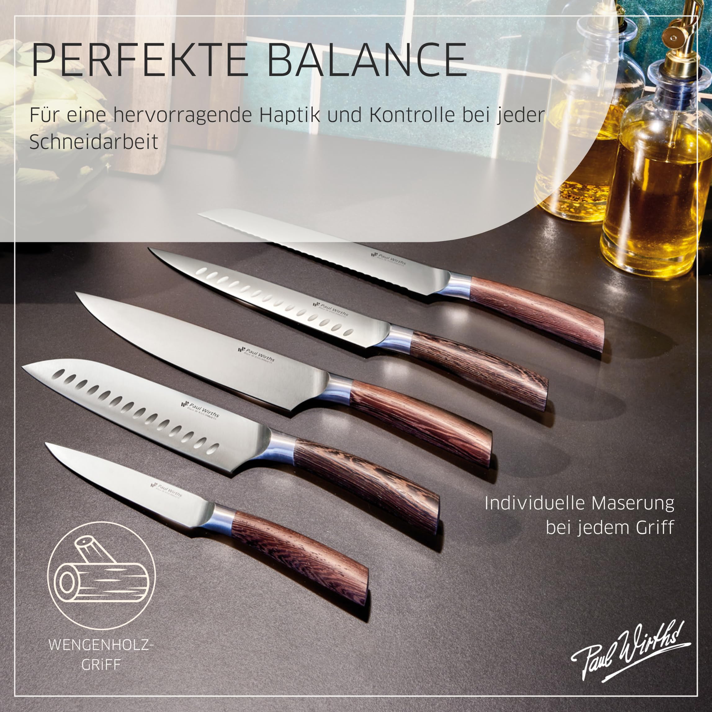 PW BLAZE Messerblock 5-tlg, MOV-Klingenstahl, Wengenholzgriffe | asymmetrisches Design, elfenbeinfarbener Block, Kochmesser 8", Tranchiermesser, Brotmesser, Allzweck- & Gemüsemesser