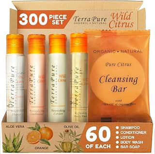 Terra Pure Wild Citrus Hotel Amenities Set | 1-Shoppe Amenities Kit | 1oz Shampoo, Conditioner, Body Wash, Lotion, Bar Soap | Travel Size | 300 Pieces