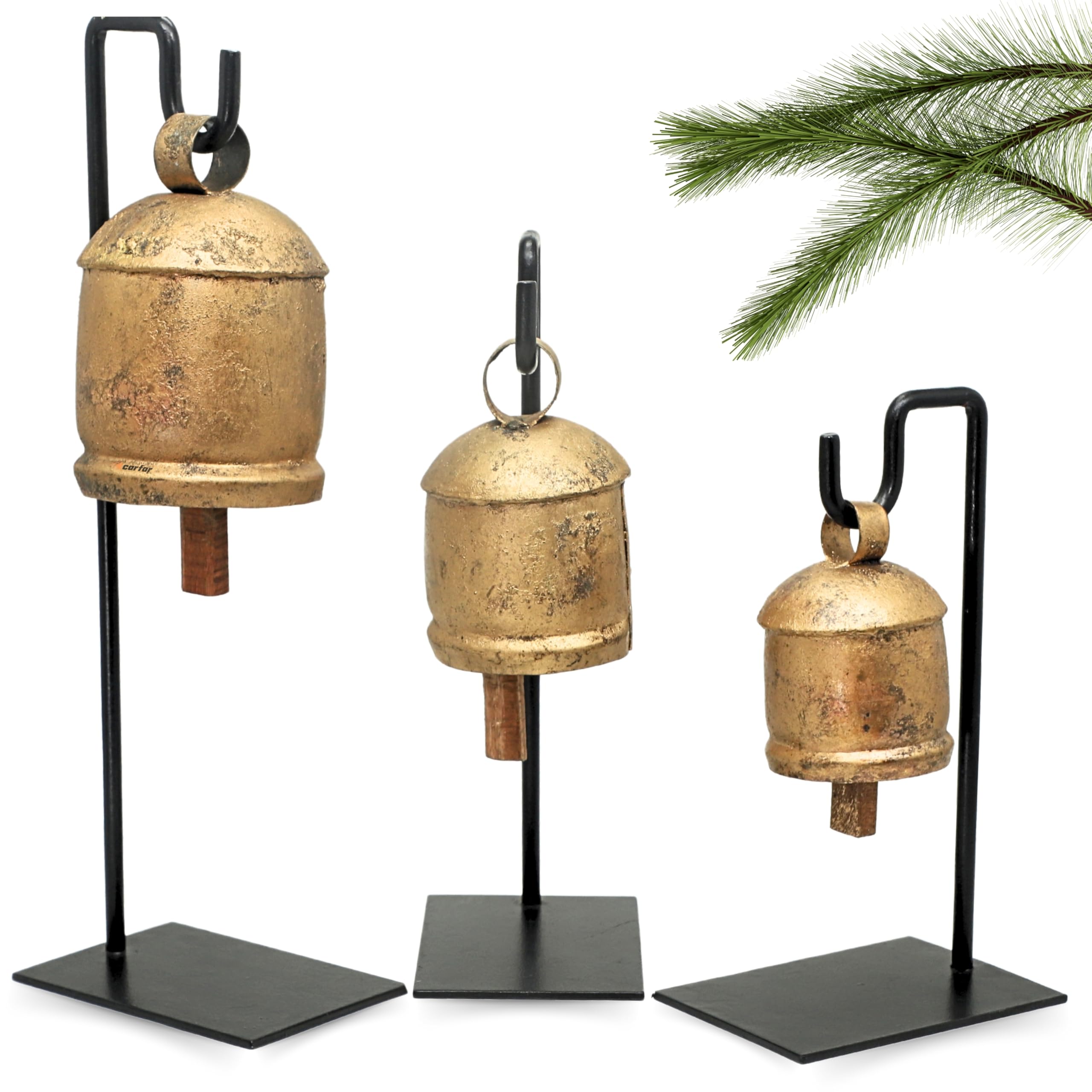 Carfar Shabby Chic Set of 3 Harmony Bells on Metal Stand Handmade Metal Christmas Decoration Cow Bells 13