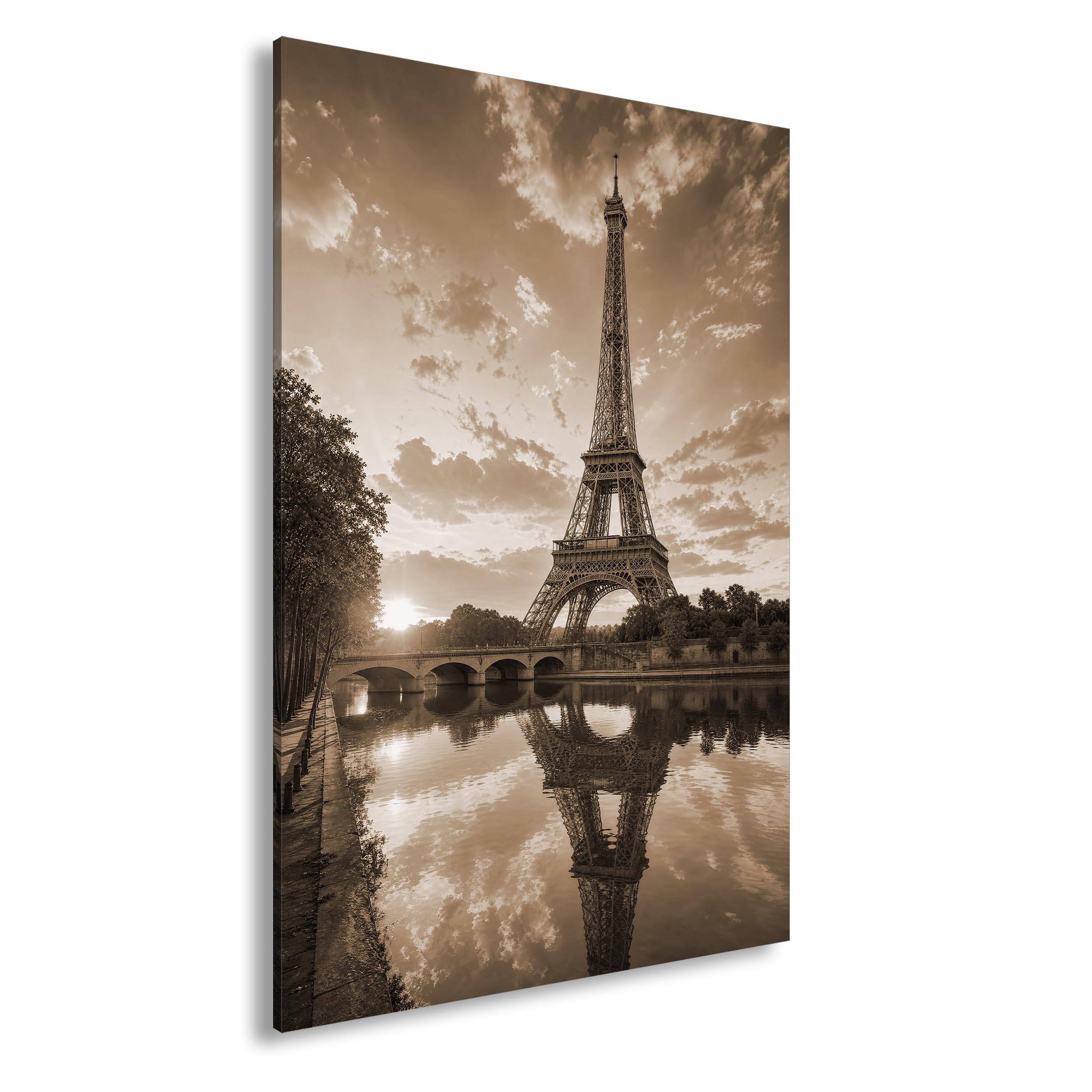 deyoli Obraz na płótnie Wieża Eiffla nad Sekwaną w świetle słonecznym 90x60cm Sepia
