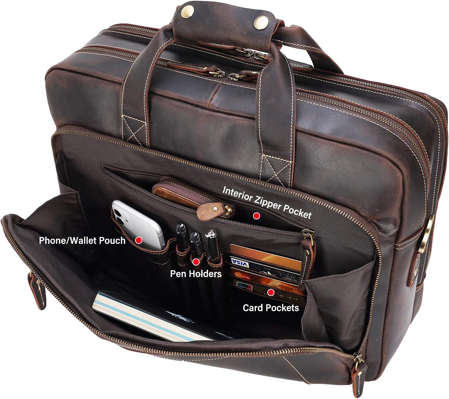 Men's Solid Thick Full Grain Leather 17.3" Laptop Briefcase Classic Messenger Bag Fit Business Travel | Solid, Thick, Full Grain Leather, 17.3", Classic, Fit