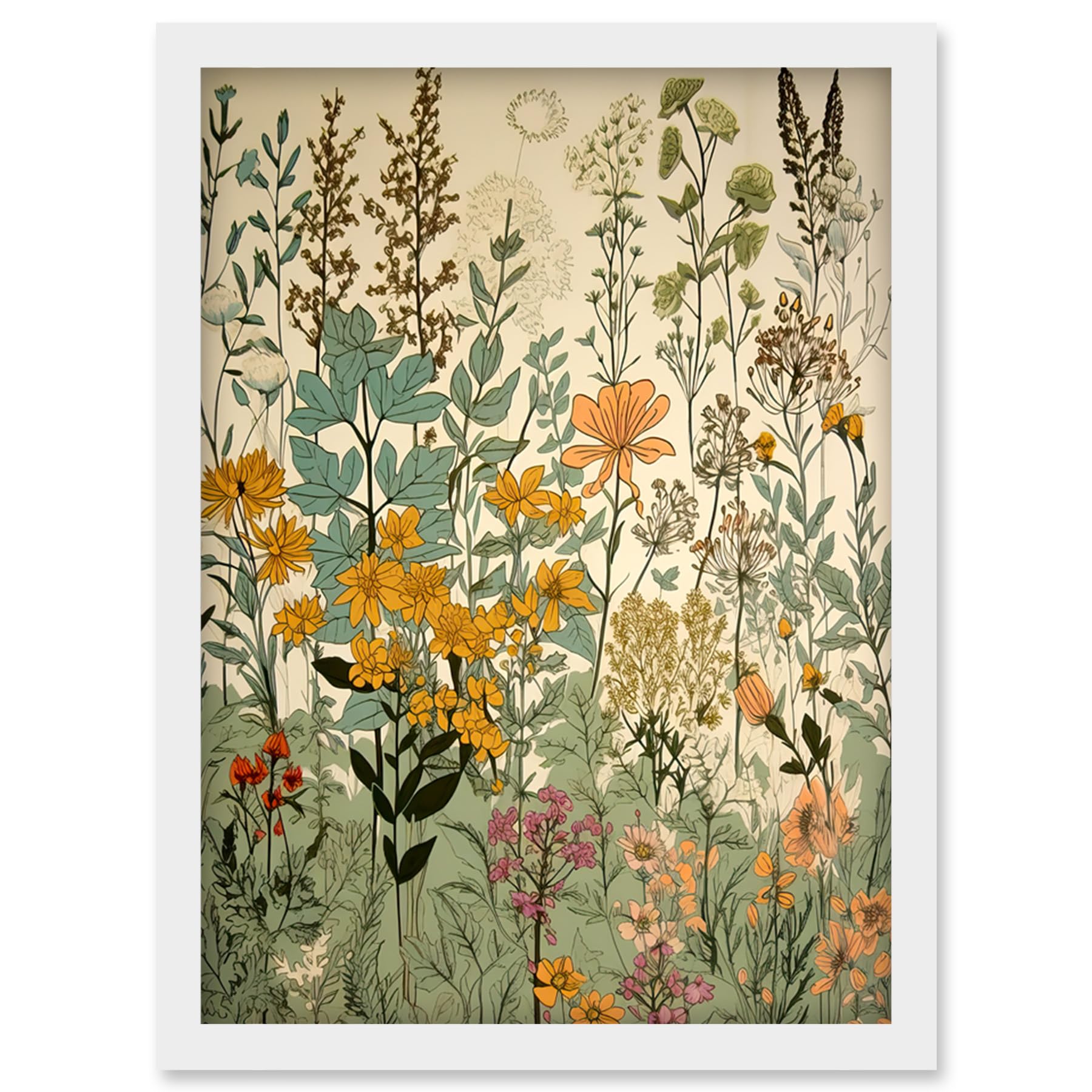 Artery8 Wildflower Vintage Botanical Painting Pastel Yellow Green Teal Pink Spring Field Artwork Framed Wall Art Print A4