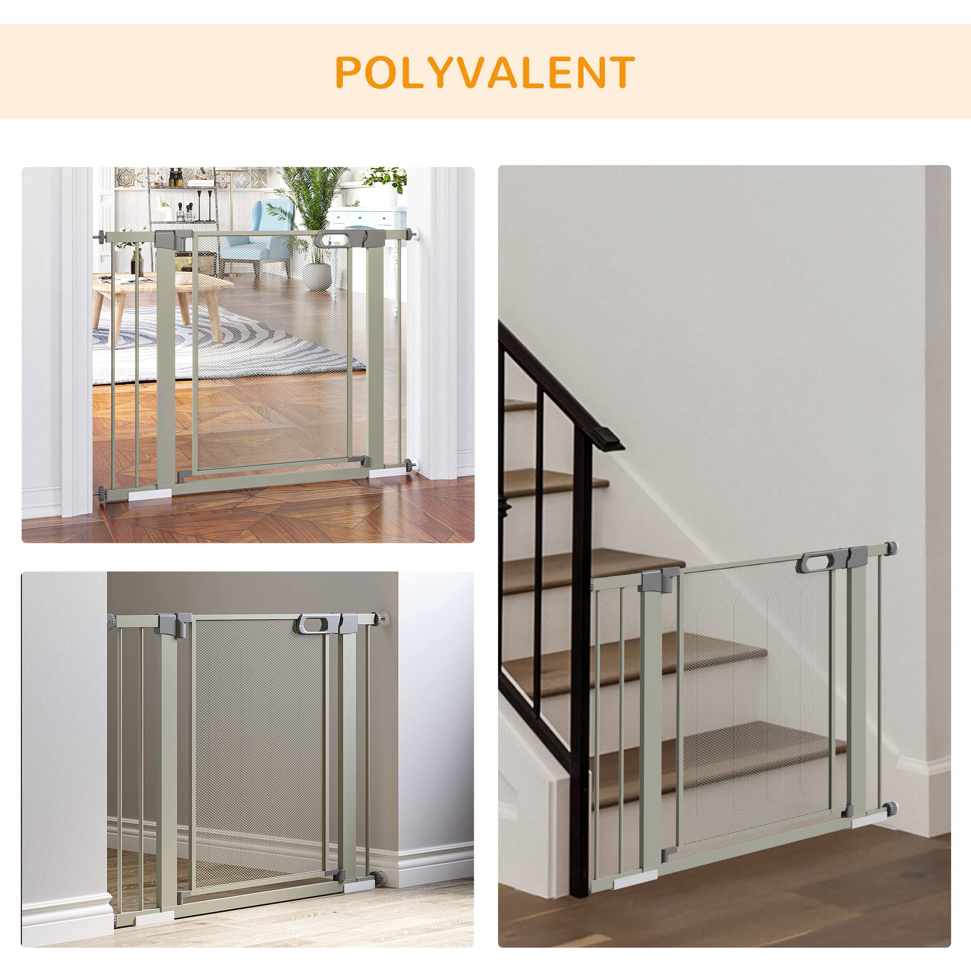 PawHut - Barrera de seguridad para animales domésticos con cierre automático doble bloqueo ancho 75-103 cm, color gris | para mascotas domésticas, doble bloqueo
