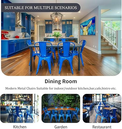 Miniatura 6 de Juego de sillas de comedor de metal azul de 4,8 pulgadas de altura de asiento, modernas sillas apilables Tolix vintage para cocina, cafetería,