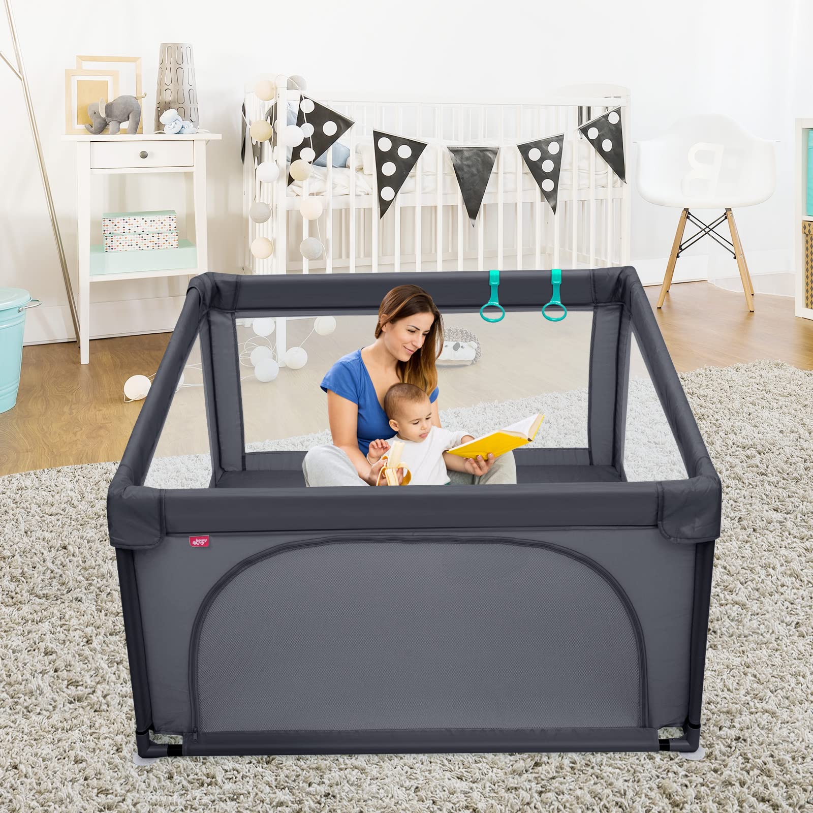 COSTWAY 120 x 120cm Baby Laufstall mit 50 Spielbällen, Laufgitter mit atmungsaktivem Netz und Reißverschluss, Krabbelgitter mit Tür, Laufgitterzelt für Säuglinge und Kleinkinder (Dunkelgrau)