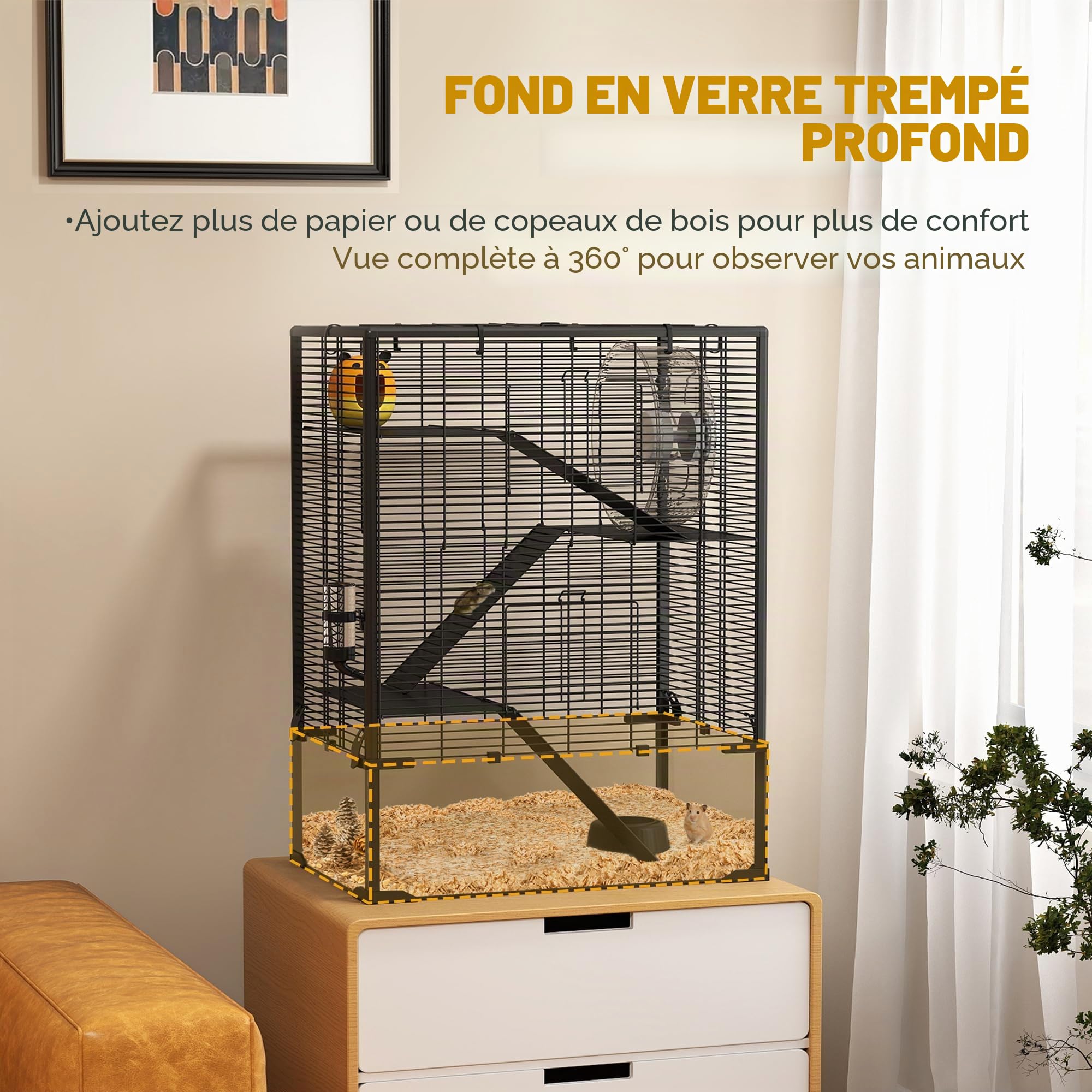 PawHut Cage Hamster Fond Verre trempé 23cm pour Rats 60x40x80cm