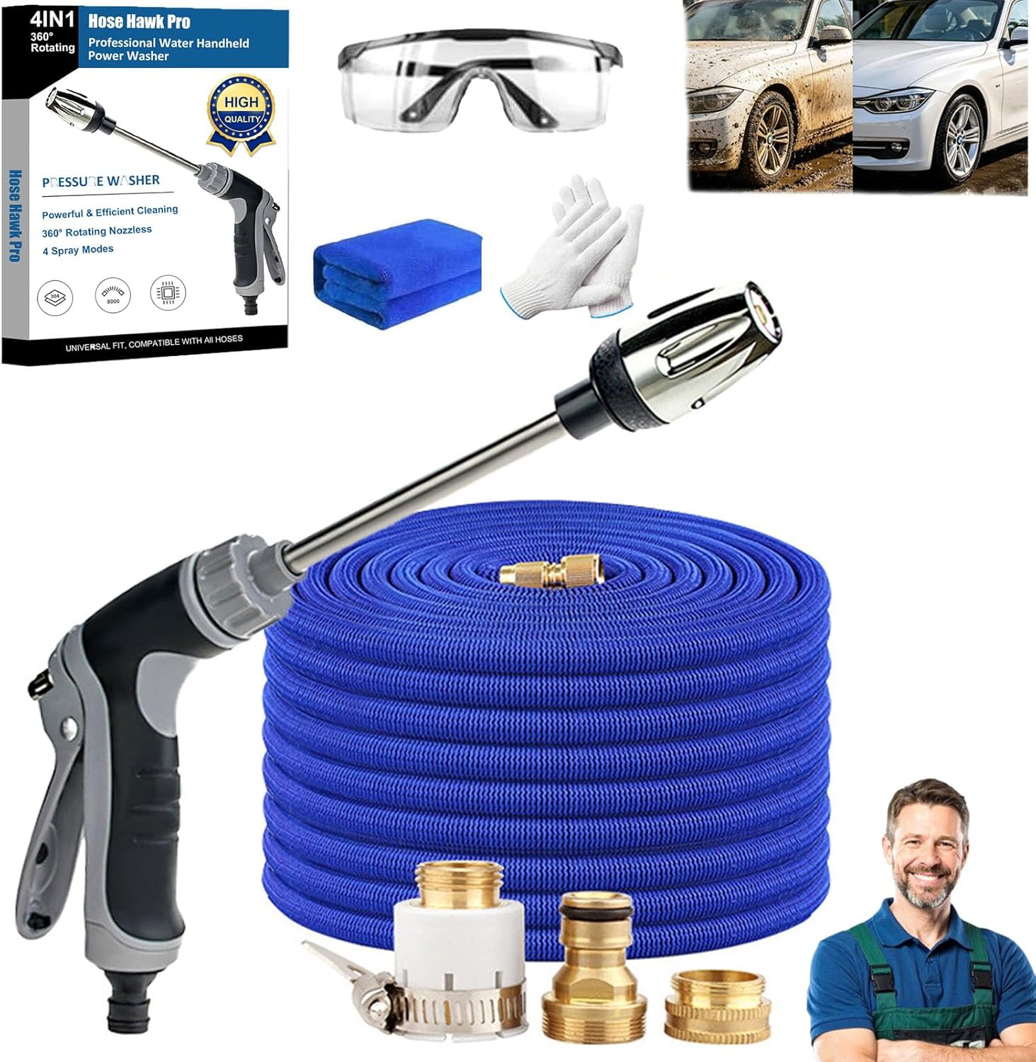 Hose Hawk Pro Pressure Washer, Hosehawk Professional Water Pressure In A Compact Design, Extreme Power Using Hydro-Power Technology, Perfect For Driveways, Patios, Decks, Fences, Cars & More (Black-B)