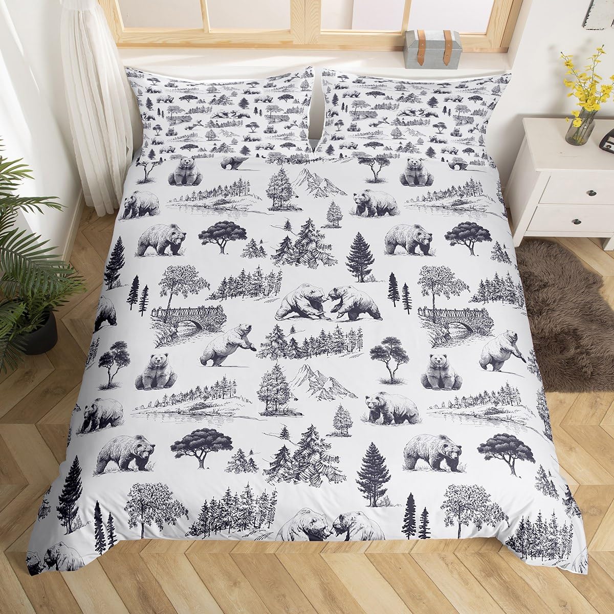 jejeloiu Kids Bear Bedding Set Toddler Size Rustic Bear Bedding Duvet Cover Set for Boys Teens Decor Cabin Lodge Bear Comforter Cover Set Botanical Tree Bear Animals Bedspread Cover 2Pcs,No Comforter