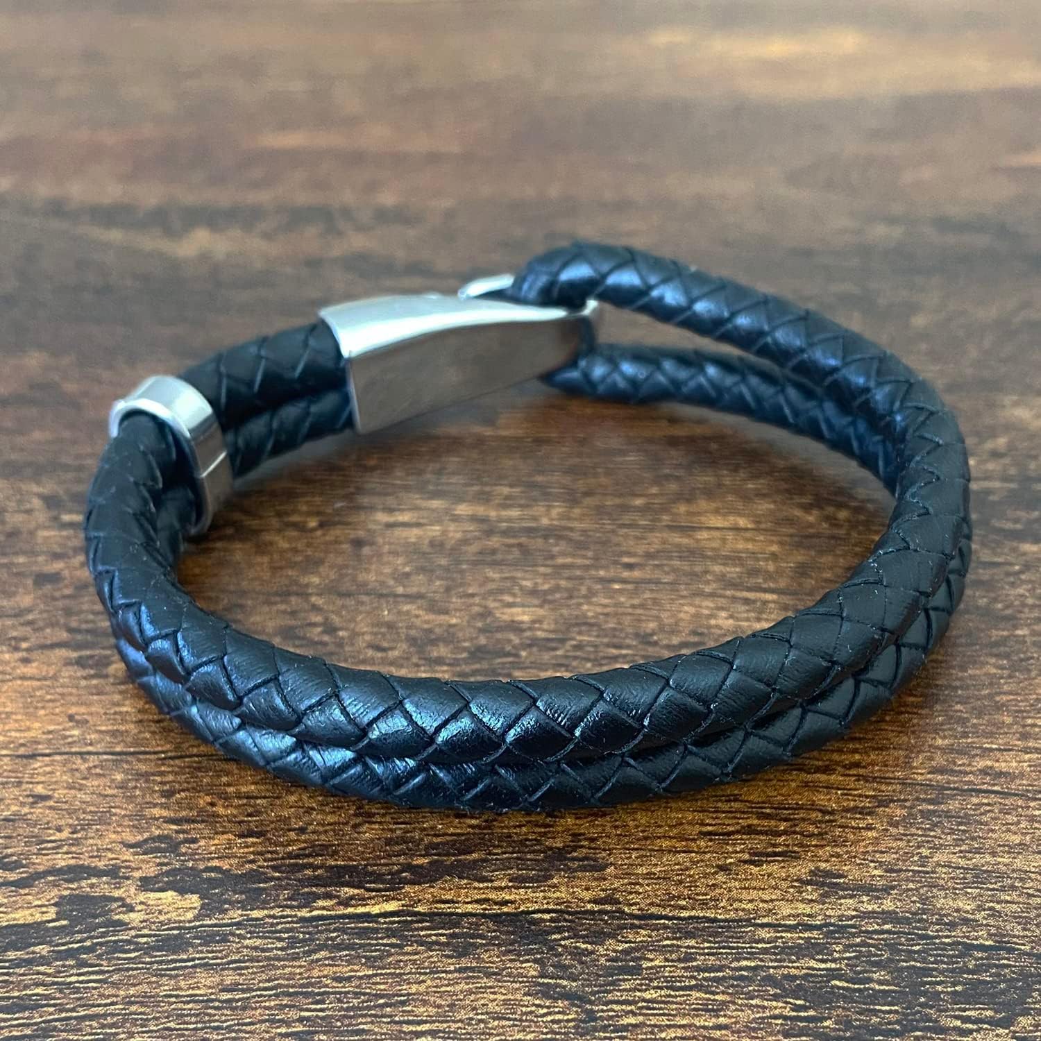 Forziani Genuine Double Braided Black Leather Bracelet for Men - Adjustable - Luxurious Men's Leather Bracelet with Stainless Steel Clasp - Gift Packaging Included - Mens Gifts
