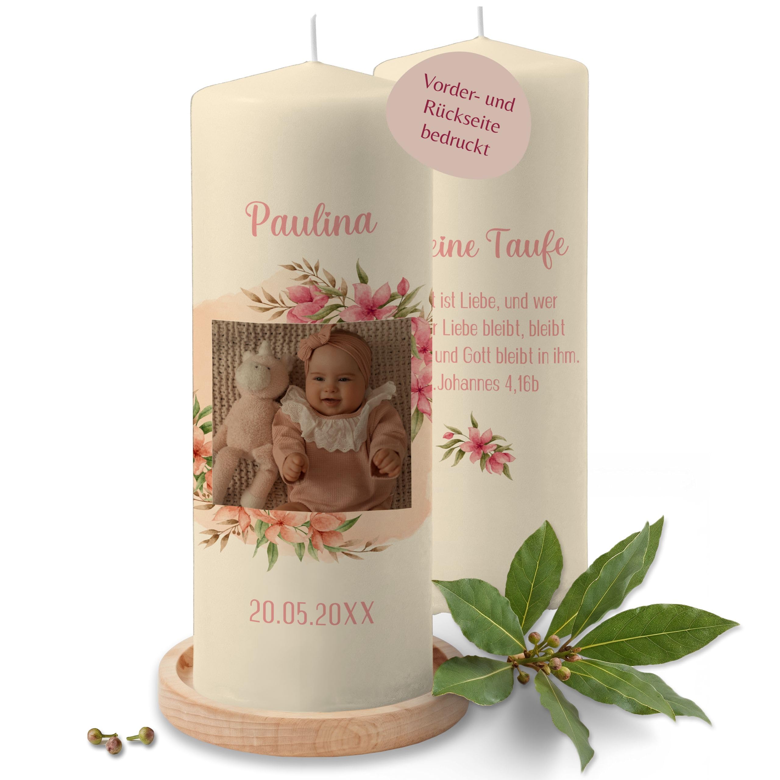 Taufkerze - Meine Taufe Wunschfoto mit Datum - personalisierte Deko Geschenke Taufgeschenk - 230/78 mm - Elfenbein