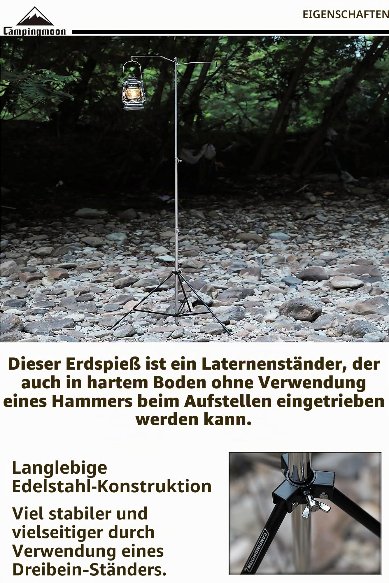 camping moon Robuste Edelstahl-Laternen-Pil-Treiber höhenverstellbar mit Stativständer und Aufbewahrungstasche D-240, D-243