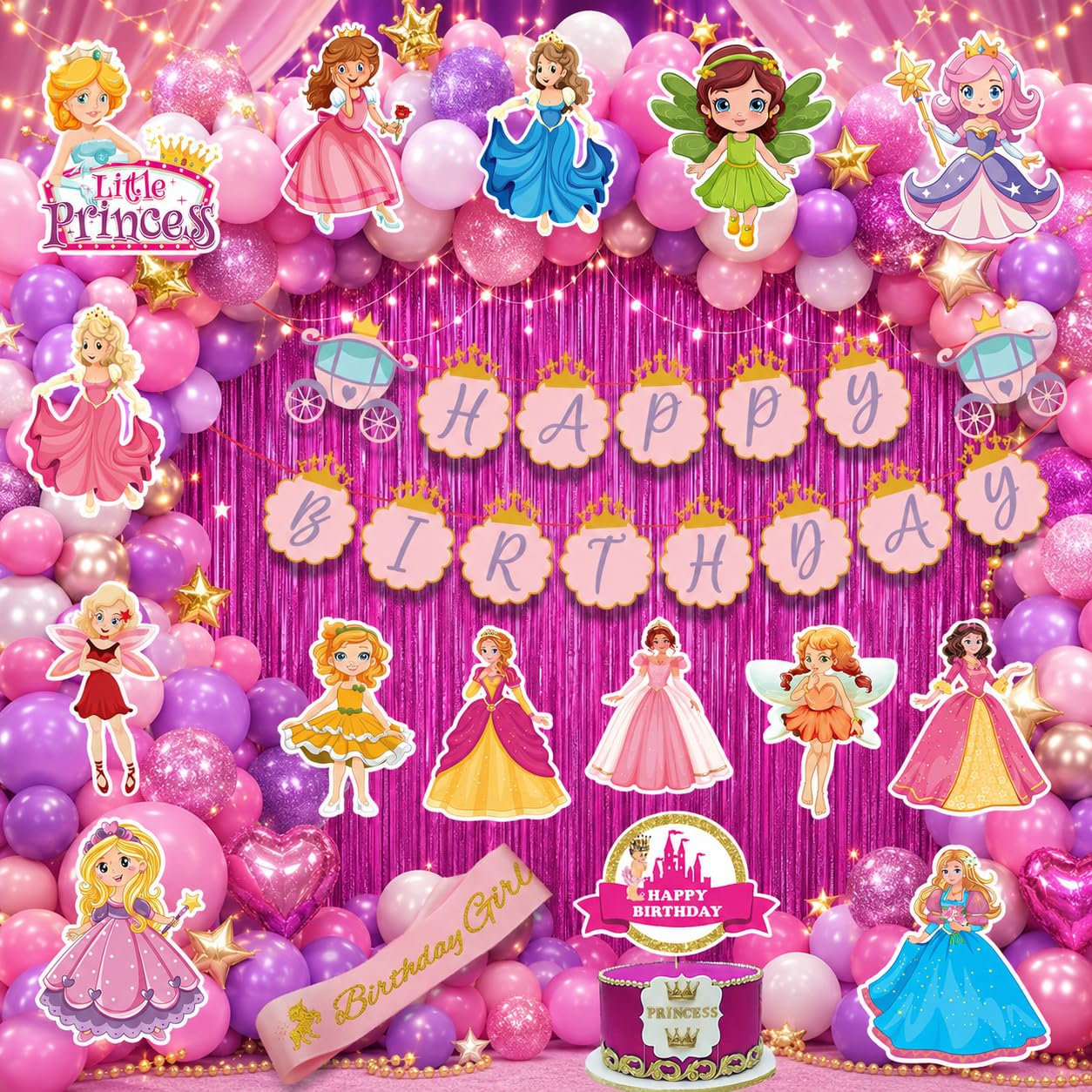 Party Propz Princess Theme Birthday Decoration Kit for Girls, Pink Party Set with Banner, Balloons, Sash, Curtains, Cutouts, Cake Topper, Complete Birthday Decoration-image-23