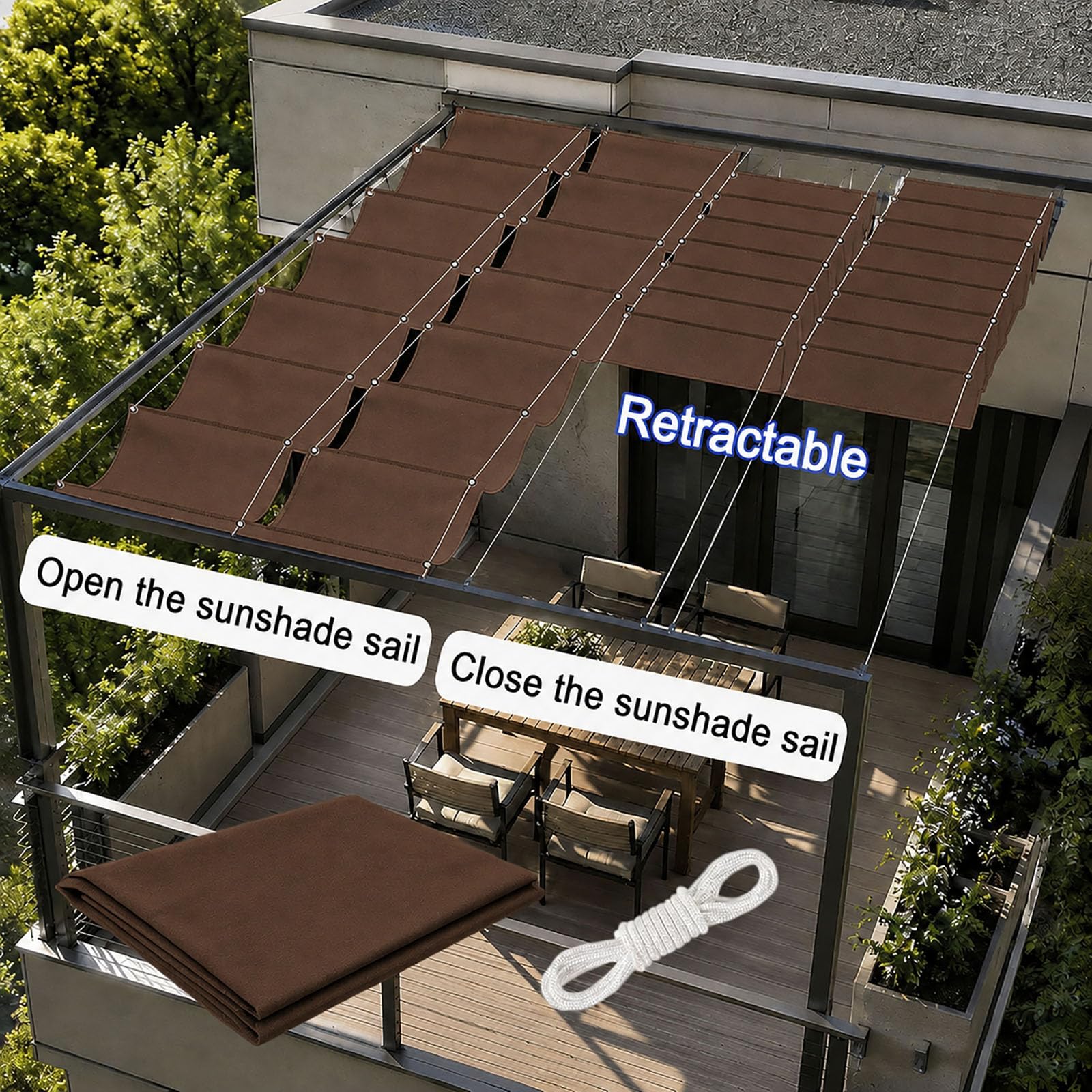 Einziehbares Sonnensegel 5.5 x 5.5 m 98% Uv-Schutz Reißfest Wetterfest Rechteckig Winterfest mit Ösen Verstellbare Schattenabdeckung für Balkon Terrasse Garten, braun