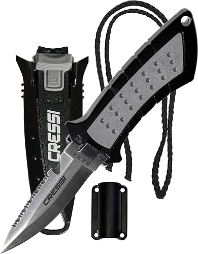 Cressi Cuchillo de hoja corta para buceo y pesca submarina con funda de liberación rápida y soporte de manguera, Lima diseñado en Italia