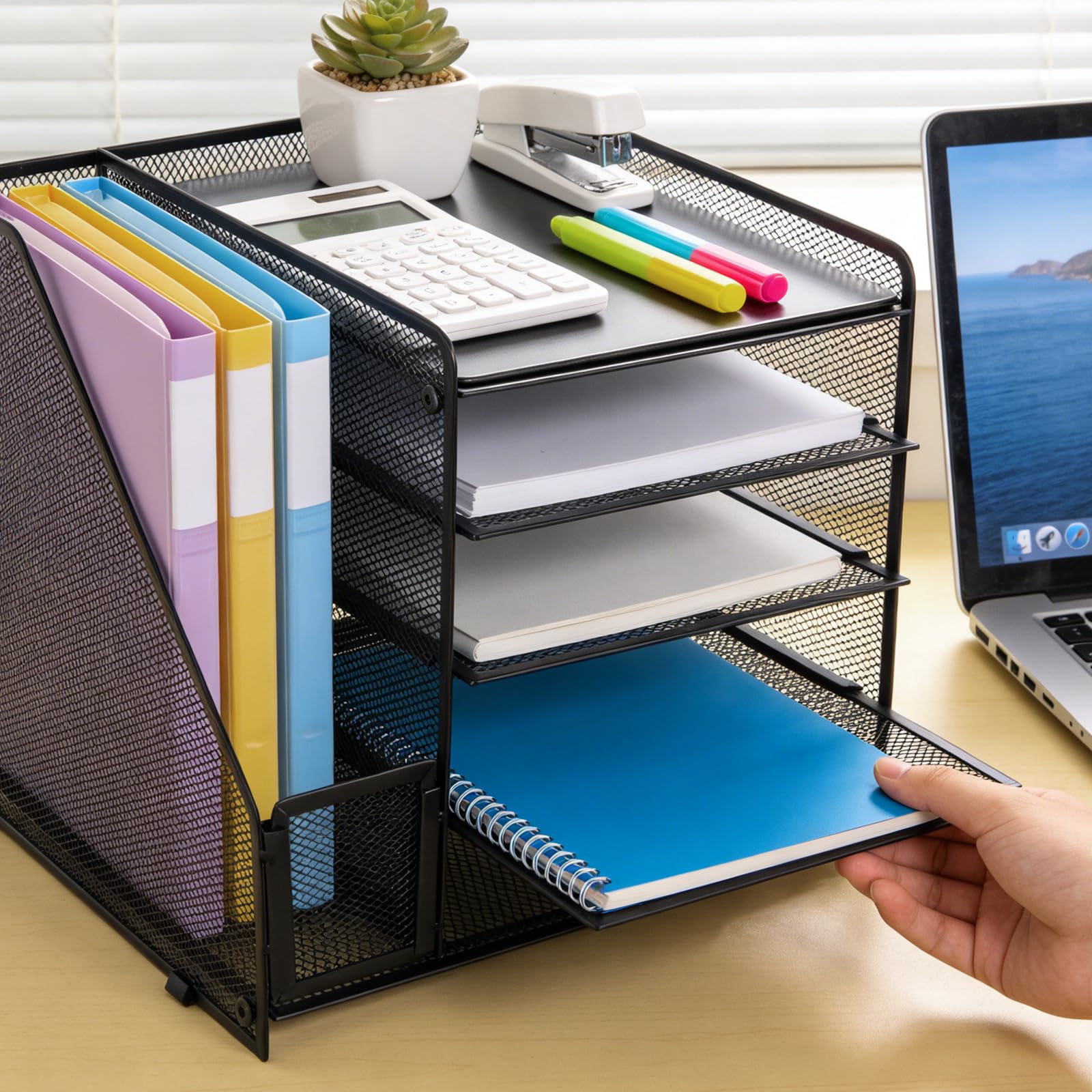 Organisateur de Bureau a 5 Niveaux,Corbeille à Courrier en Maille Métallique,Rangement de Documents,adaptée au rangement des fournitures de bureau et des documents (noir)