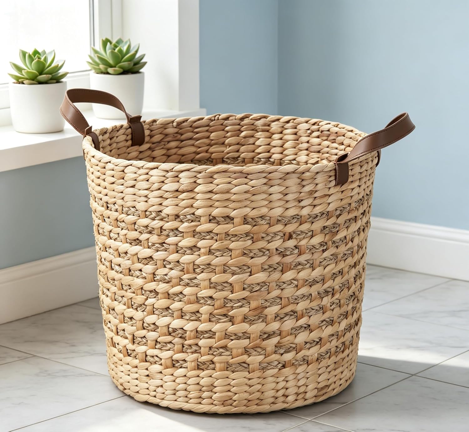 Natural Water Hyacinth Woven Round Storage Basket, 15.7" x 15.7" x 11.8" Multi-Use Ottoman Pouf, Sustainable Breathable Organizer for Blankets, Pillows & Home Decor, Natural Brown