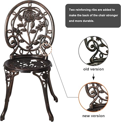 Miniatura 5 de HOMEFUN Juego de 2 mesas y sillas de bistró para exteriores, juego de 3 piezas, diseño de rosa, aluminio fundido para jardín, balcón, resistente a