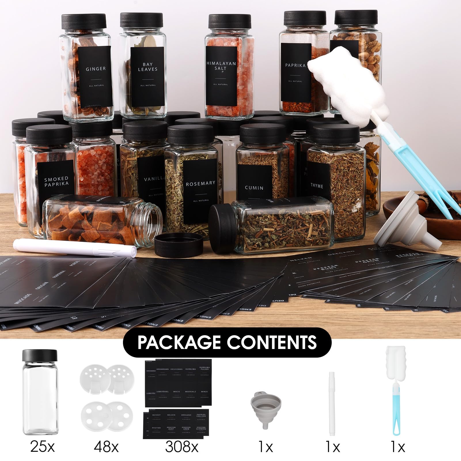 Pot à Épices en Verre et Bois, 25 Pièces Bocaux à Épices avec Étiquettes d'épices Françaises, 120ml Boite à Épices Cuisine Rangement, Bocal Epices avec Tamis, 308 Étiquettes, Entonnoir