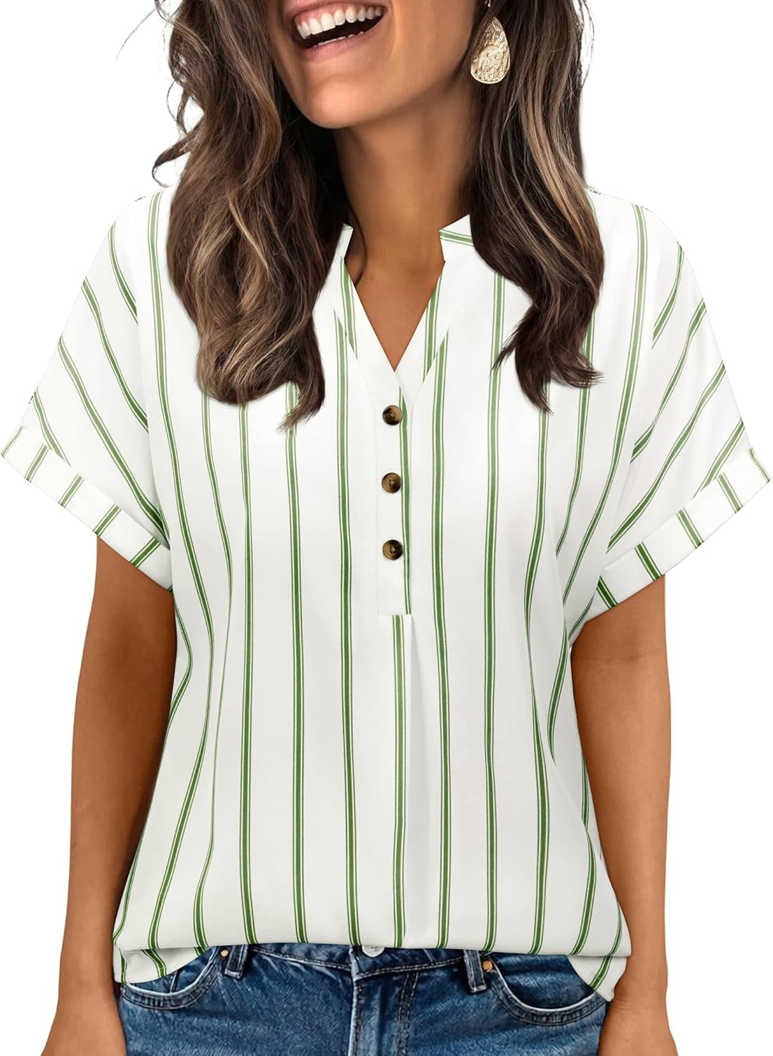 Striped Shirt Women Henley V Neck Button Up Shirt Cap Short Sleeve Blouses Business Dressy Casual Clothes - Image 7
