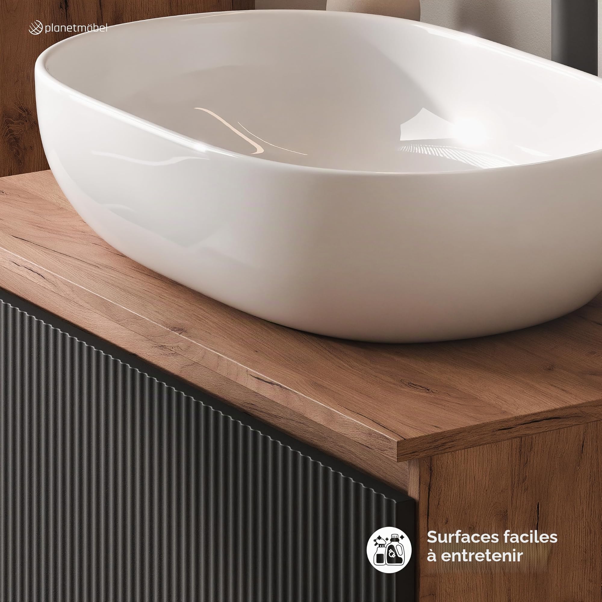 Planetmöbel Arisa Ensemble de meubles de salle de bain avec lavabo 80 cm chêne doré noir (strié), lavabo 60 cm blanc, avec siphon d'économie d'espace