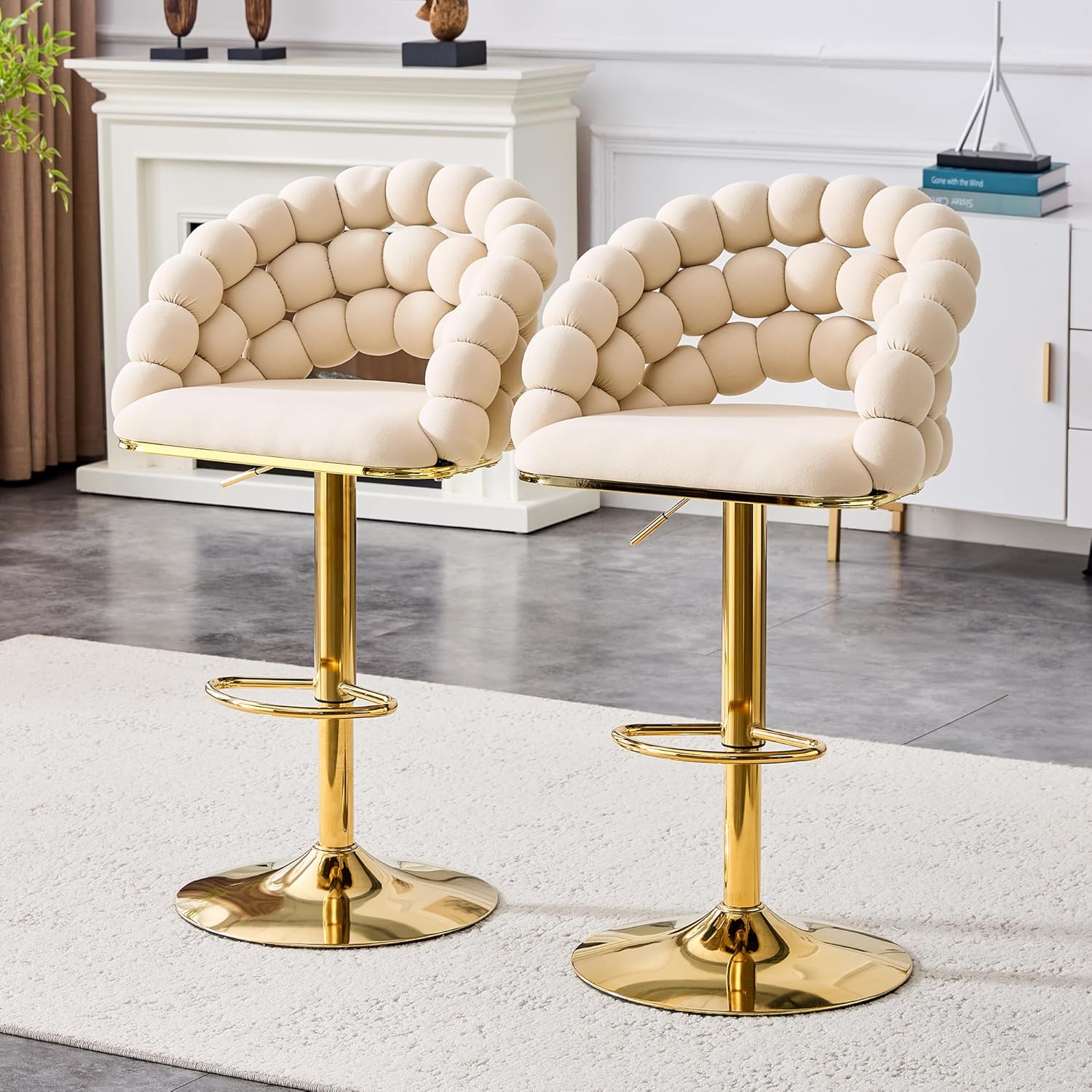 TesNus Bar Stools Set of 2, Swivel Adjustable Height Bar Stools with Back, Modern Velvet Counter Height Barstools for Kitchen Island, Bar Chairs with Arms, Gold Metal Base & Footrest, Beige