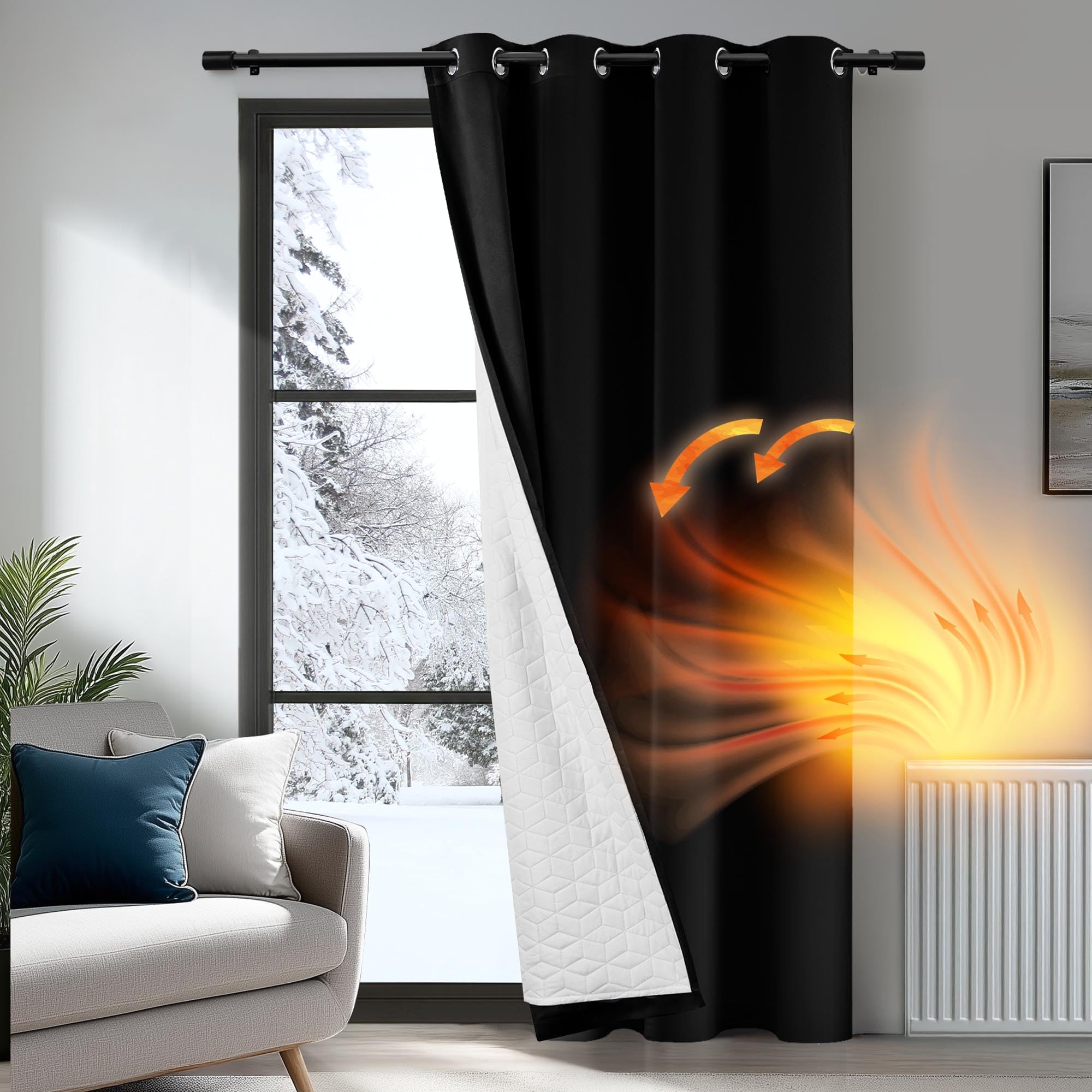 Deconovo Thermovorhang Kälteschutz, Gardinen mit Ösen gegen Kälte, Wärmeisolierend Vorhang Verdunkelung Wohnzimmer, 214x132cm(HöhexBreite), Schwarz, 1 Stück