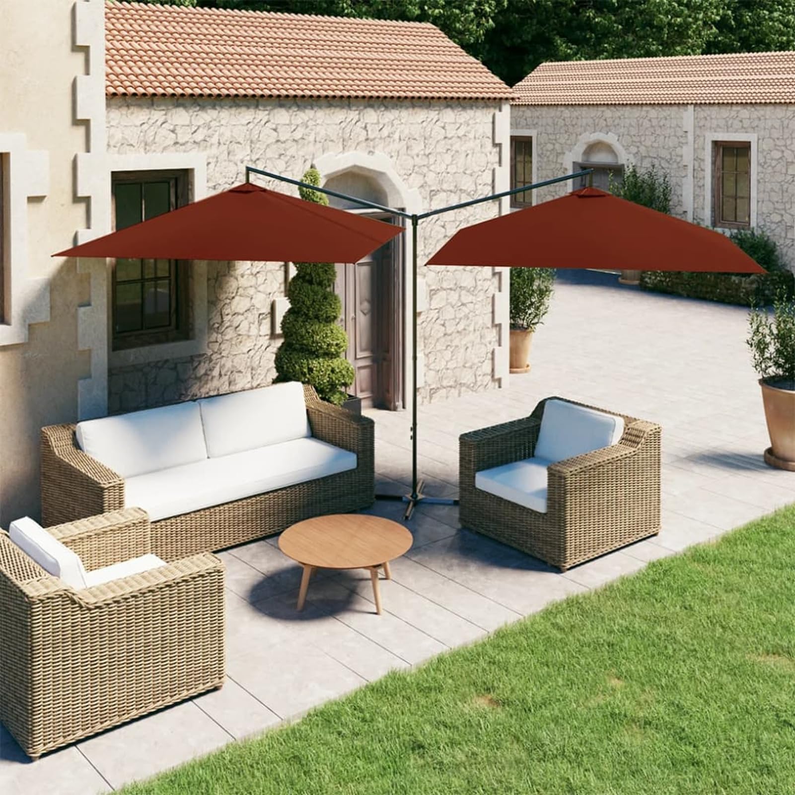 Homgoday Sombrilla Doble con Poste de Acero Terracota 600x300 cm Sombrilla de Jardín, Protección UV Sombrilla Jardín Grande Orientable Jardín Parasol Balcón
