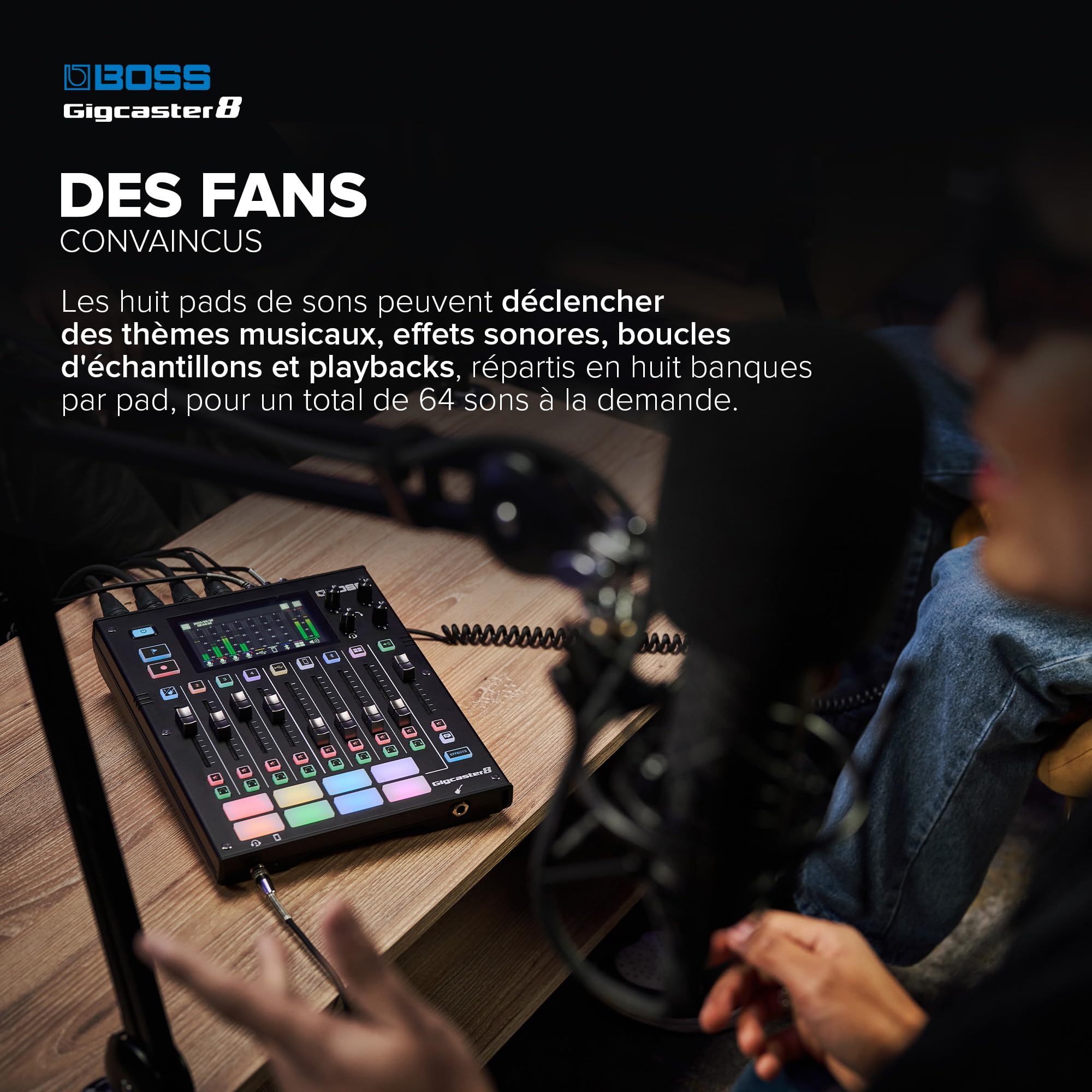 BOSS Gigcaster 8 | Table de mixage 8 pistes pour streaming avec entrée directe guitare/basse | 4 entrées combo XLR/jack | Micro stéréo intégré | 8 pads SFX | Interface audio USB 20x14