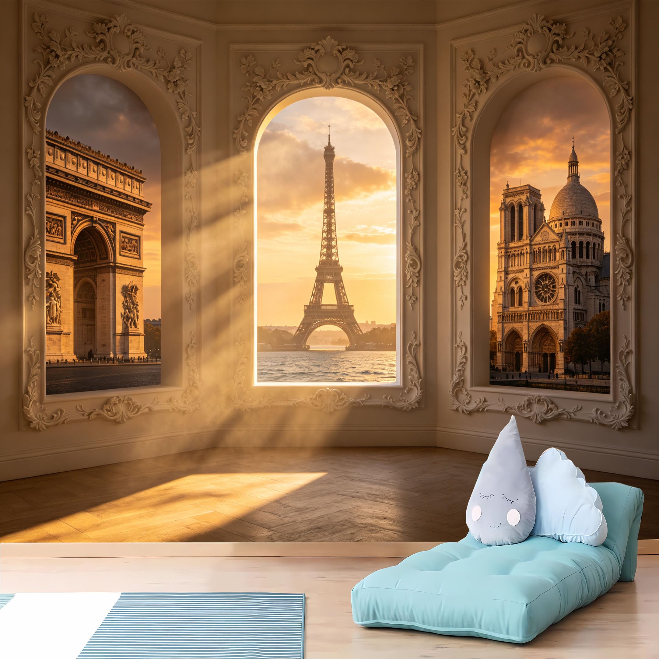 Custom Size Wall Murals 3D Paris Landmarks Sunset View Large Photo Wallpaper Self-Adhesive Wall Fabric (NO PVC) Removable Wallpaper for Living Room