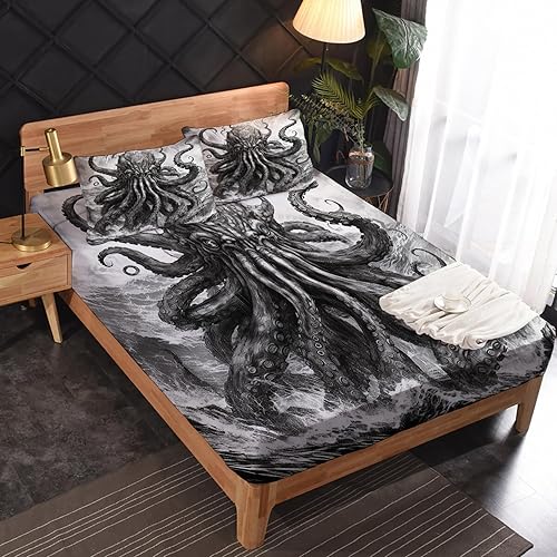 Miniatura 2 de Juego de sábanas de pulpo tamaño Queen, sábanas Kraken, microfibra suave, bolsillo profundo, sábanas y fundas de almohada estampadas sin arrugas, 4