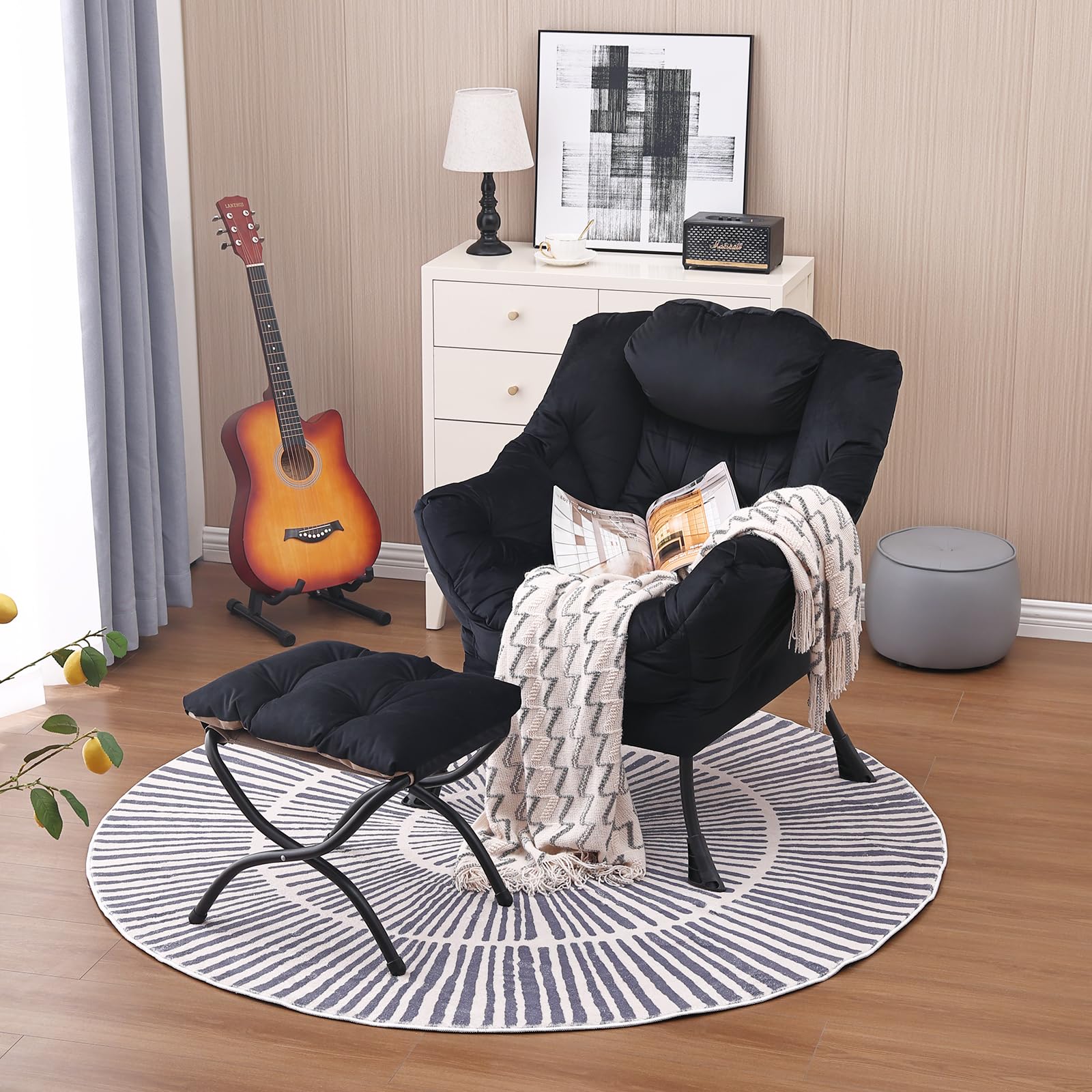 Silla Lazy y otomana, silla de descanso grande con reposabrazos y un bolsillo lateral, moderno sofá tapizado de ocio con reposapiés para dormitorio, sala de estar, dormitorio, oficina 5
