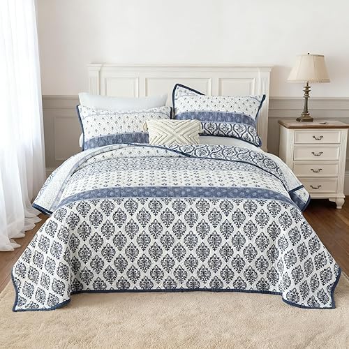 Vista 8 de Juego de edredón bohemio Queen, edredón 100% algodón, tamaño Queen, color beige, bohemio, estampado a rayas, ligero, reversible, para todas las Avena