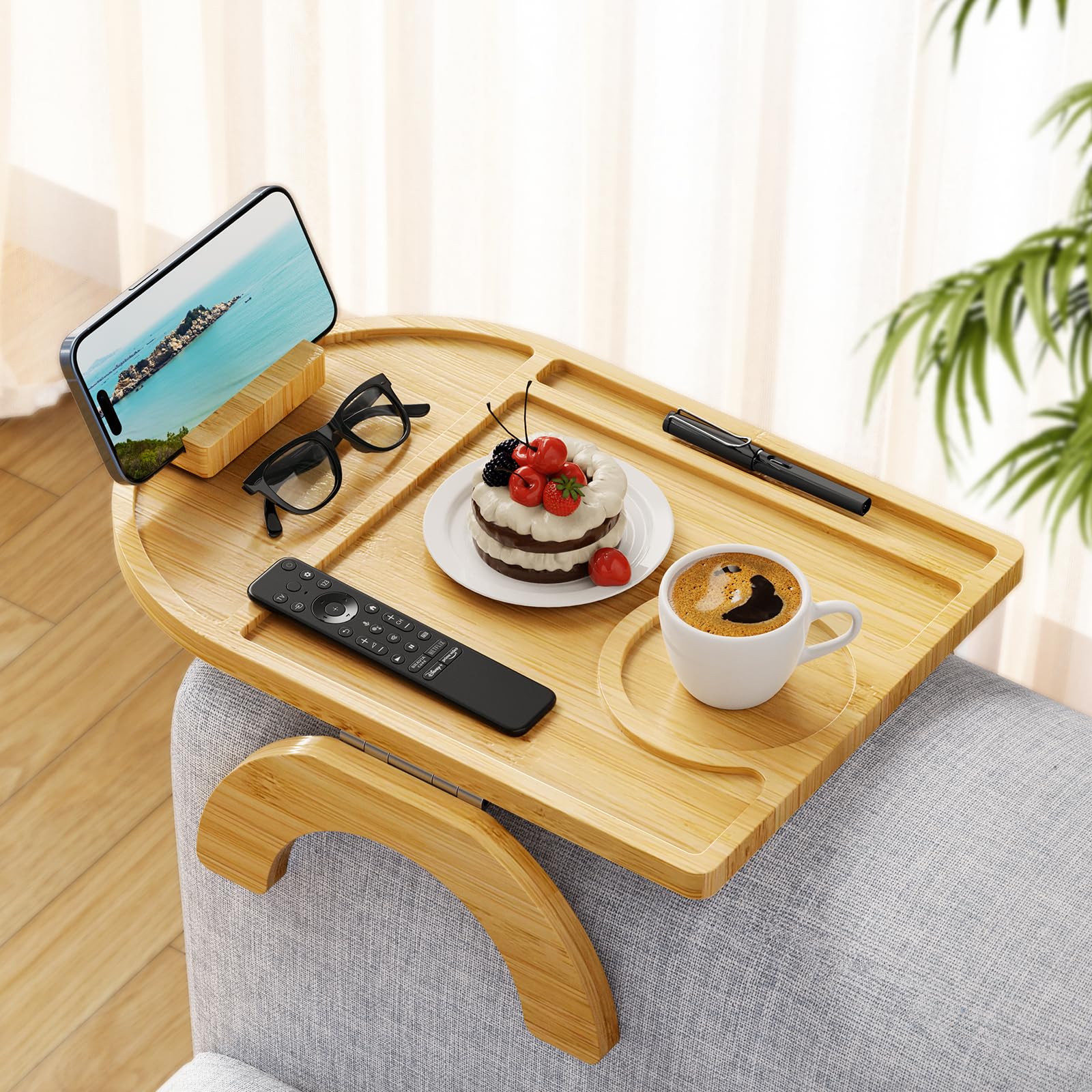 Bamboo Sofa Tray Table, Clip-On Tray Sofa Table - 15” L x 10.2” W, Anti-Slip Sofa Armrest Tray Table with 360° Phone Holder, Couch Arm Table for Eating, Drinks, Snacks, Remote, and Pen