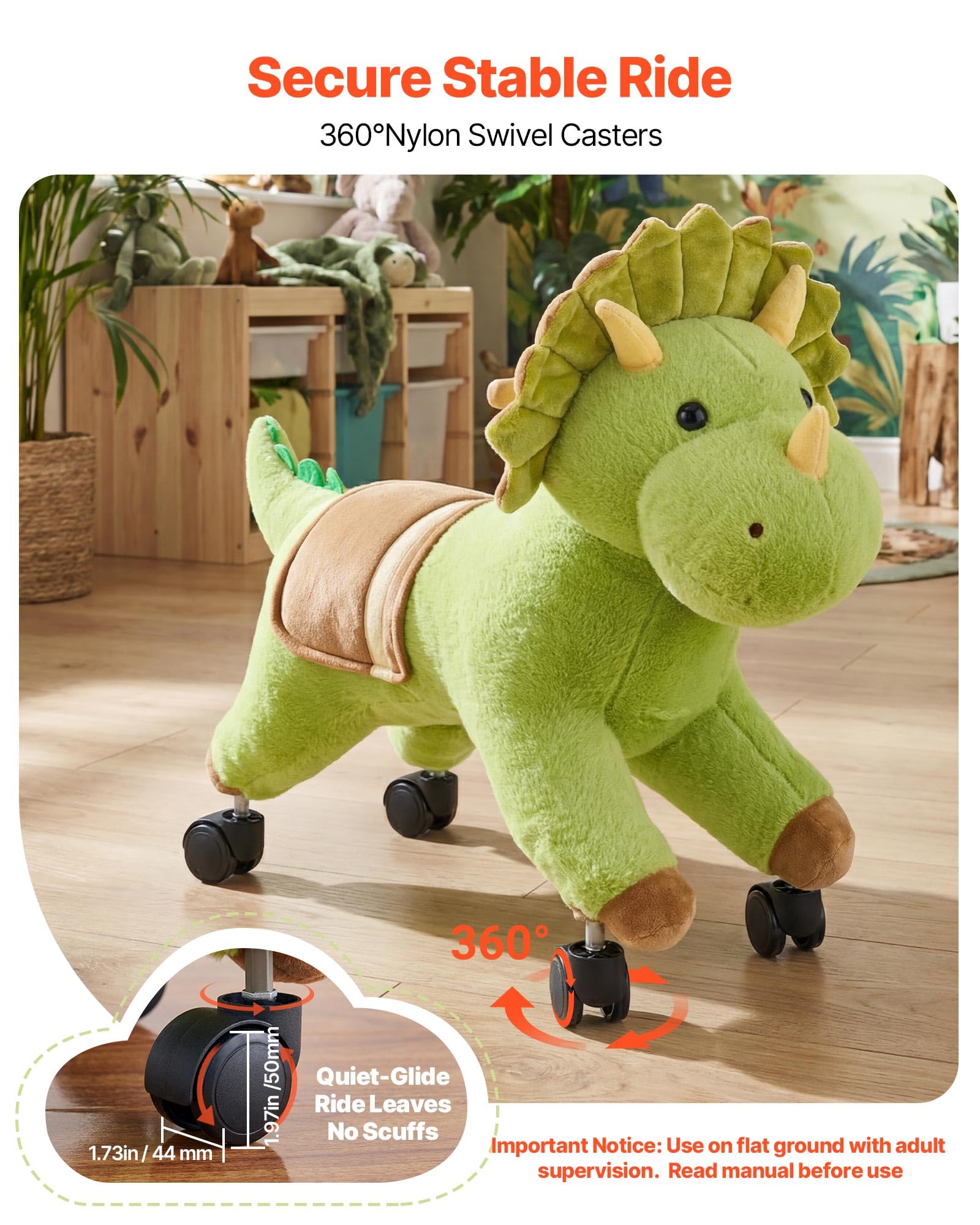 VEVOR Reitpferd auf Rollen 55cm, 40kg Belastbare Stehpferd mit Soundfunktion, Spielpferd mit Weichem Sitz Griffen & 360° Lenkrollen, Grüner Dinosaurier zum Draufsitzen & Reiten für Kinder ab 3 Jahren