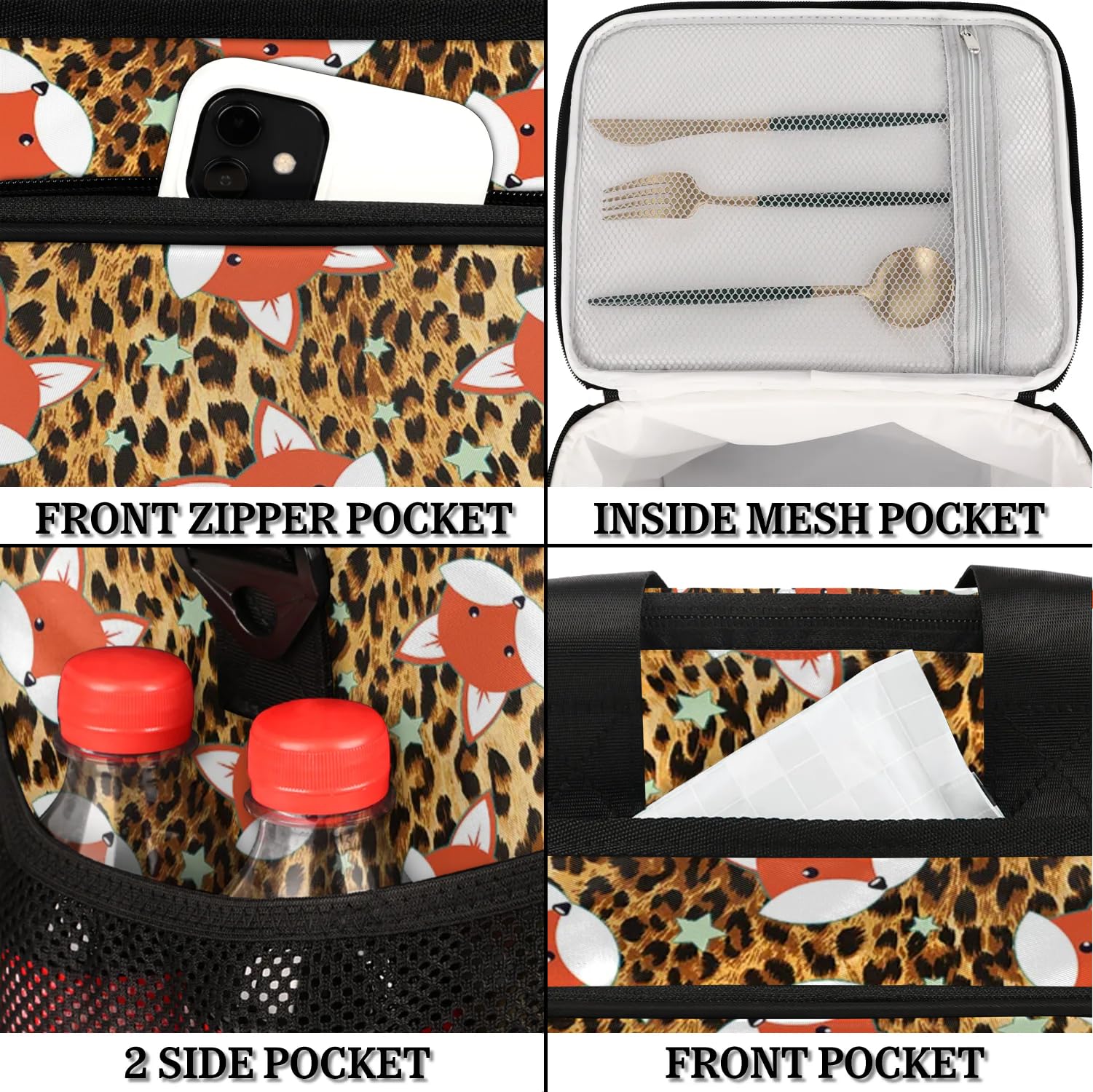 Große Lunchtasche mit Tiermotiven und Fuchs, für Erwachsene, Herren, Damen, Kinder, Mädchen, Jungen, lustiger Fuchs, isolierte Lunchbox, Kühltasche, Kühltasche, Kühltasche, Kühltasche, für Arbeit,