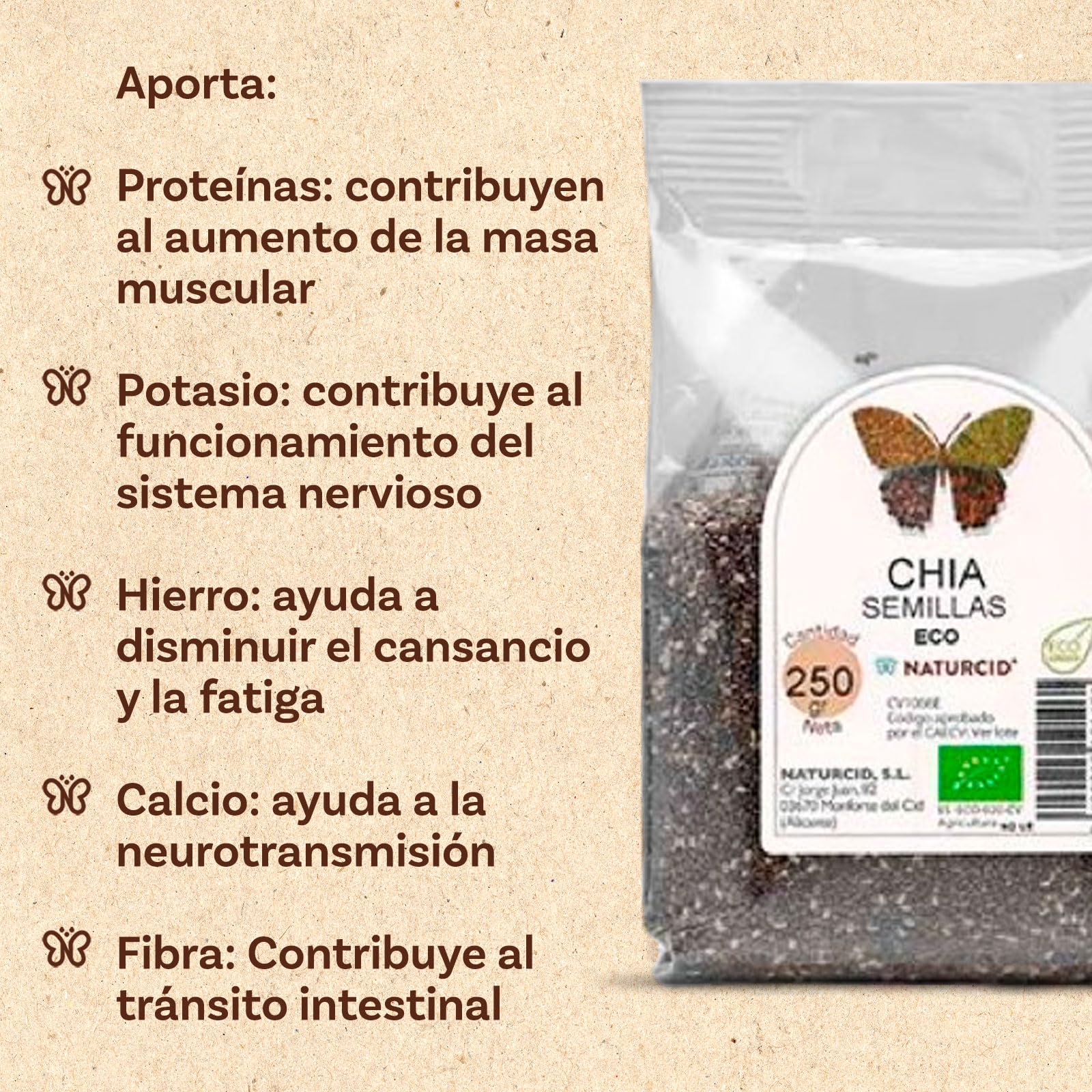 Naturcid Semillas de Chía 100% Naturales 250 g Alto Contenido en Fibra Hierro Calcio