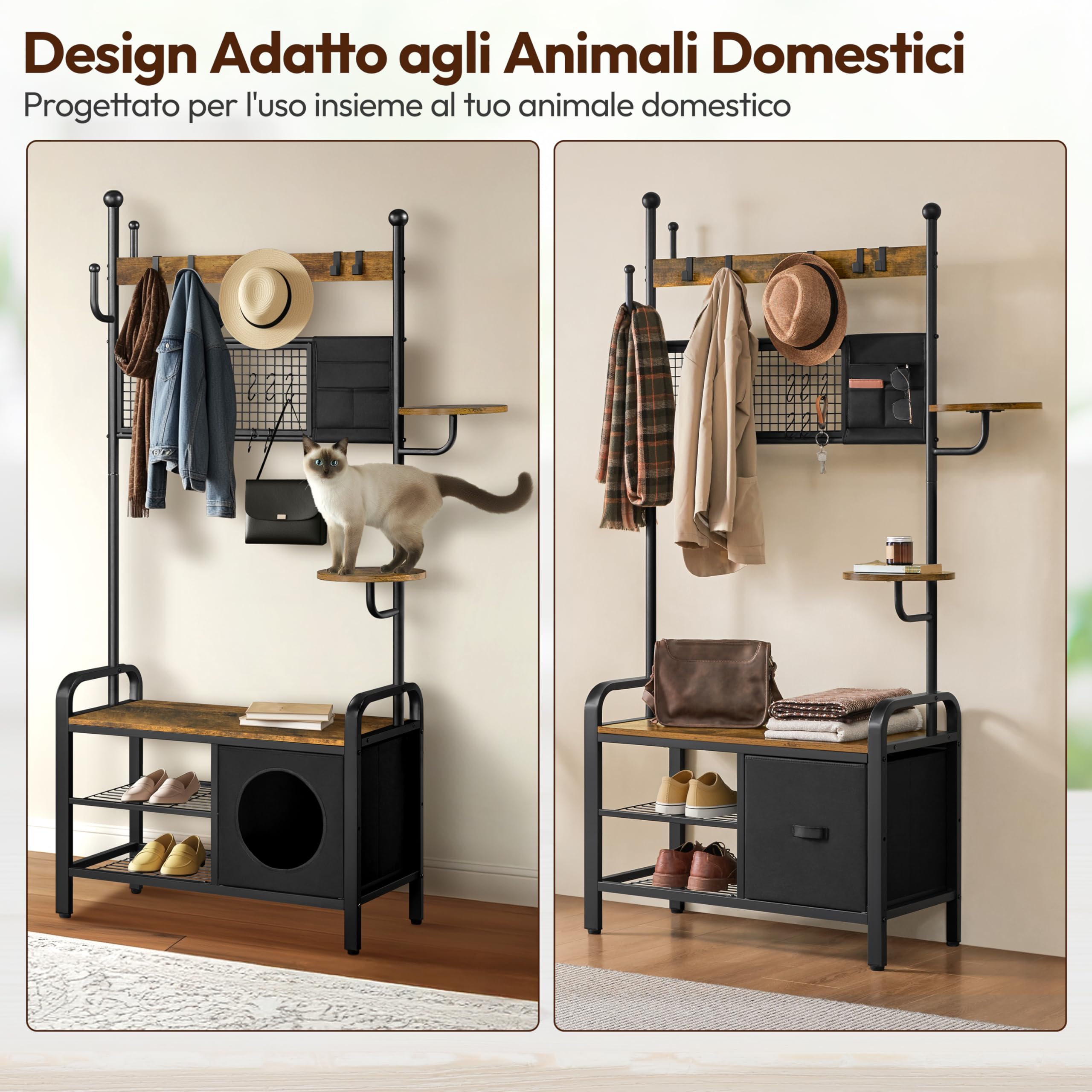 Yaheetech Appendiabiti da Terra Industriale con Panca Scarpiera e Casetta per Gatti Organizer Armadio d'Ingresso Multiuso con Ganci Rimovibili e 2 Trespoli per Famiglie con Animali Marrone Rustico