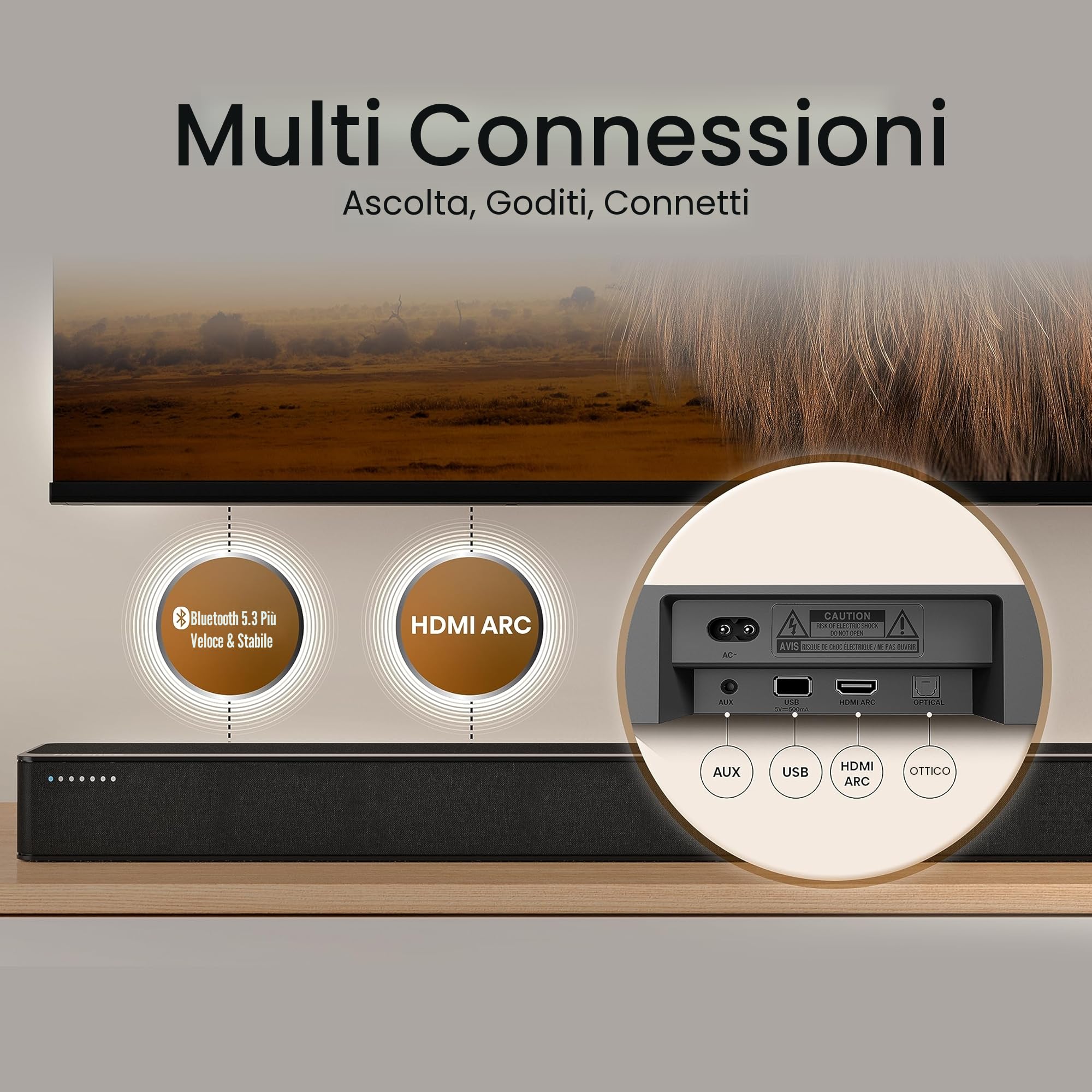 Hisense HS2100 Soundbar 2.1, 240W, Subwoofer Sottile Esterno wireless, Supporta Dolby Digital e DTS Virtual:X, Bluetooth, HDMI, USB, Ingresso Audio Ottico