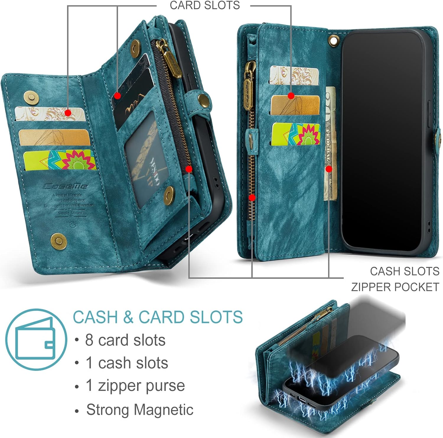 Case for iPhone 13 2021 Genuine Leather Wallet Detachable Magnetic Cell Phone Cover Zipper Purse RFID Blocking Card Slot Holster for iPhone 13 Mini 5.4 inch 2021 (Blue, 13mini)