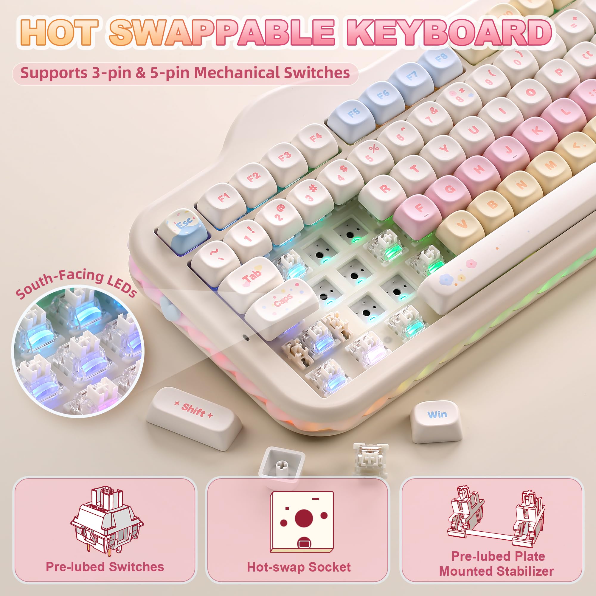 YUNZII C98 Clavier Gamer Mecanique sans Fil avec Pavé Numérique, 99 Touches PBT MOA, BT5.0/2,4G/USB-C, Rétroéclairage RGB, Hot Swap, Gasket Mount, à Thème Gâteau pour Windows/Mac (Beige, Milk V2)
