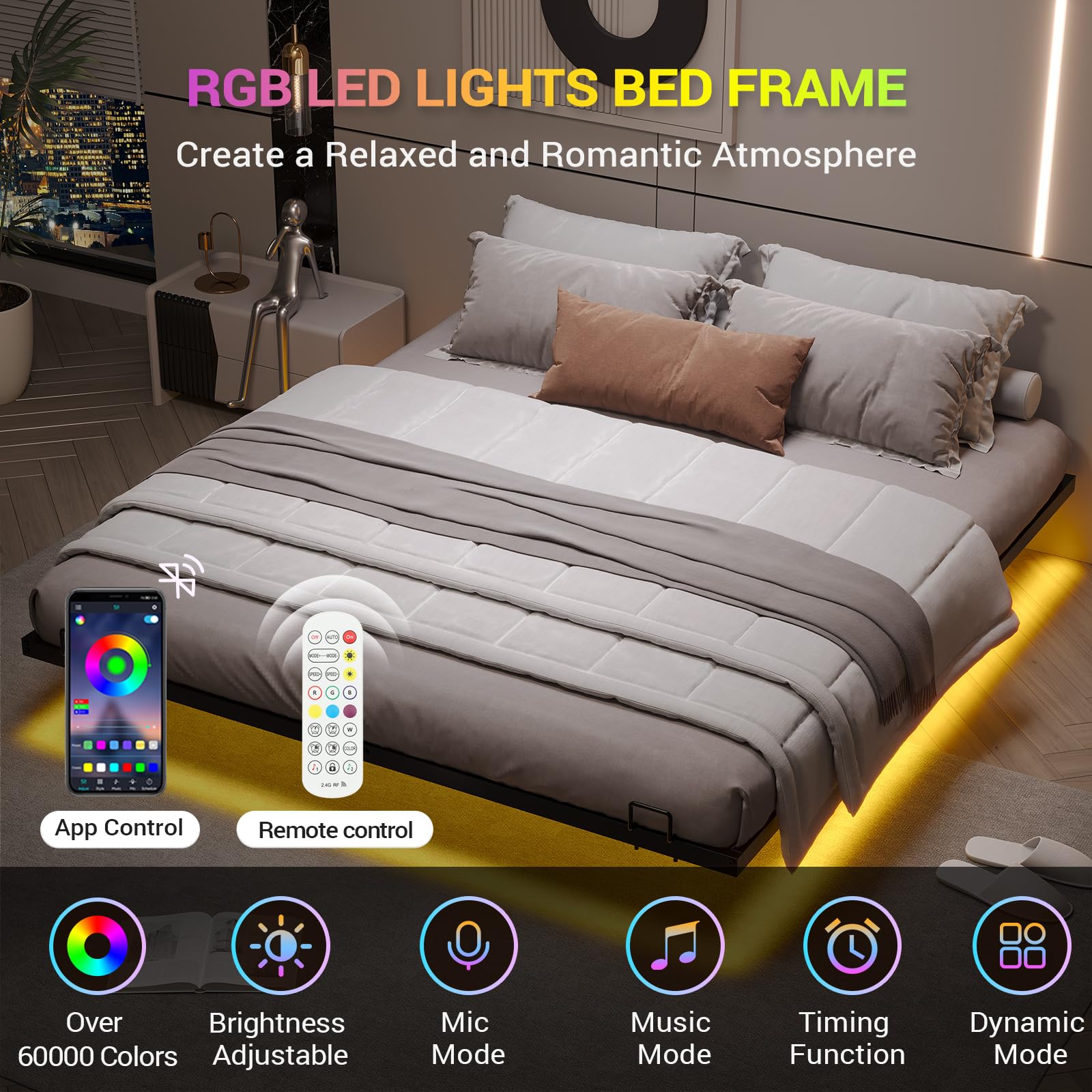 DICTAC Letto 180x200cm con Luce,Struttura Letto a Piattaforma in Metallo con Rete a Doghe Telaio Letto Matrimoniale Facile da Montare, Senza rumori per Modernità Camera da Letto, Nero