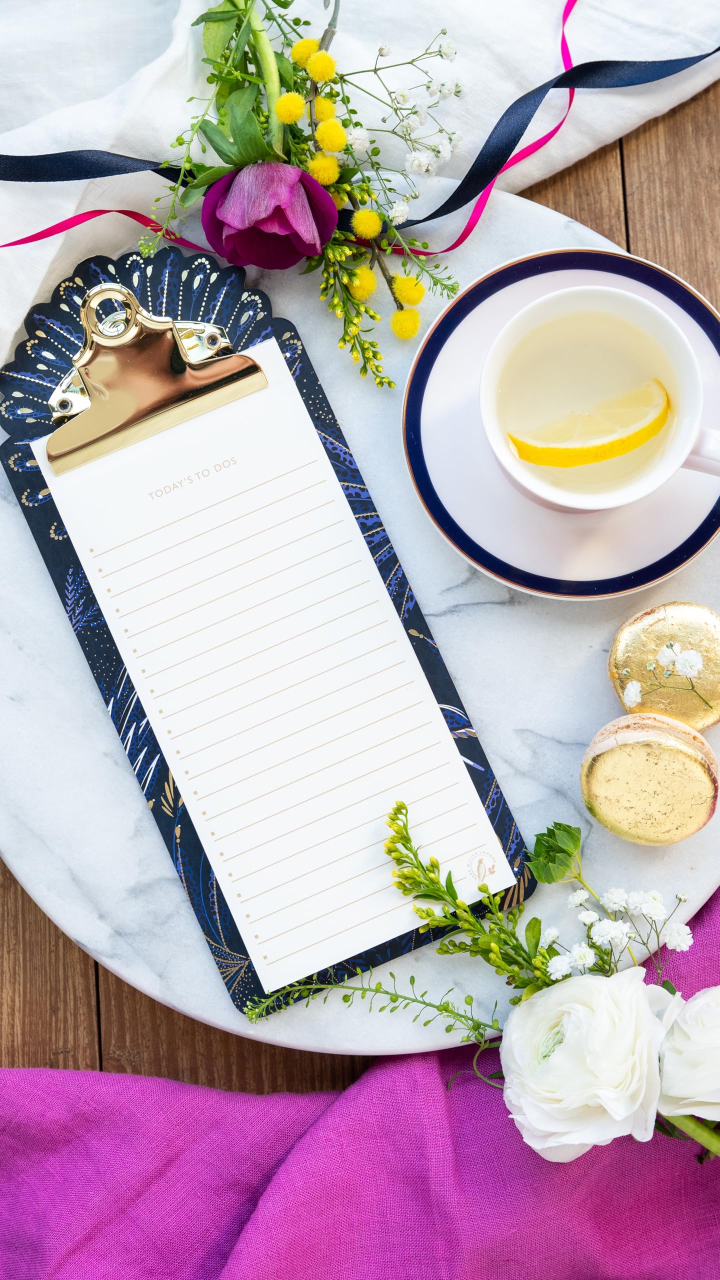 Sara Miller London Anniversary Magnetic List Pad and Clipboard, Navy Blue Floral Design with Gold Clip, to Do List Notepad