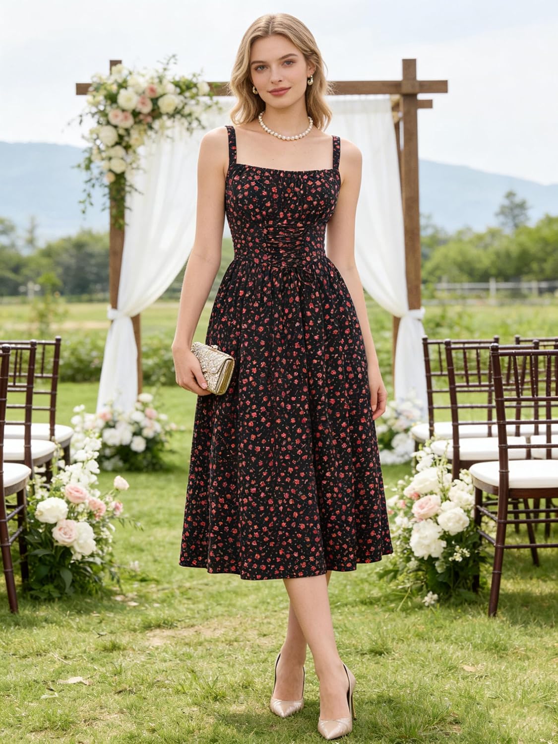 Scarlet Darkness Floral Dress for Women 2026 Corset Milkmaid Dresses Casual Summer Sundress with Pockets - Image 7