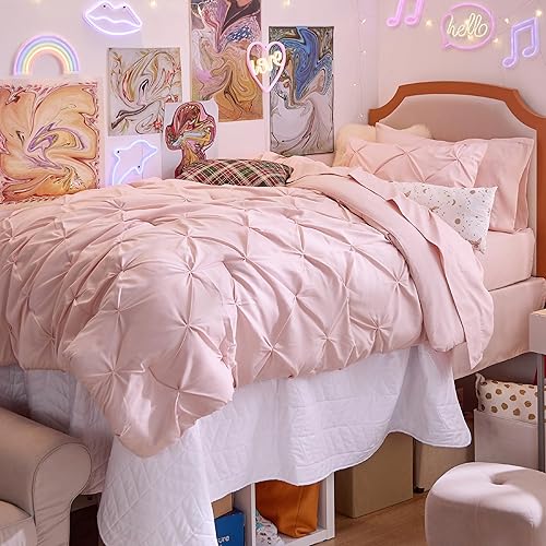 Miniatura 9 de BEDSURE Juego de edredón individual XL para niñas, juego de ropa de cama individual XL, 5 piezas, cama plisada rosa en una bolsa con edredones,