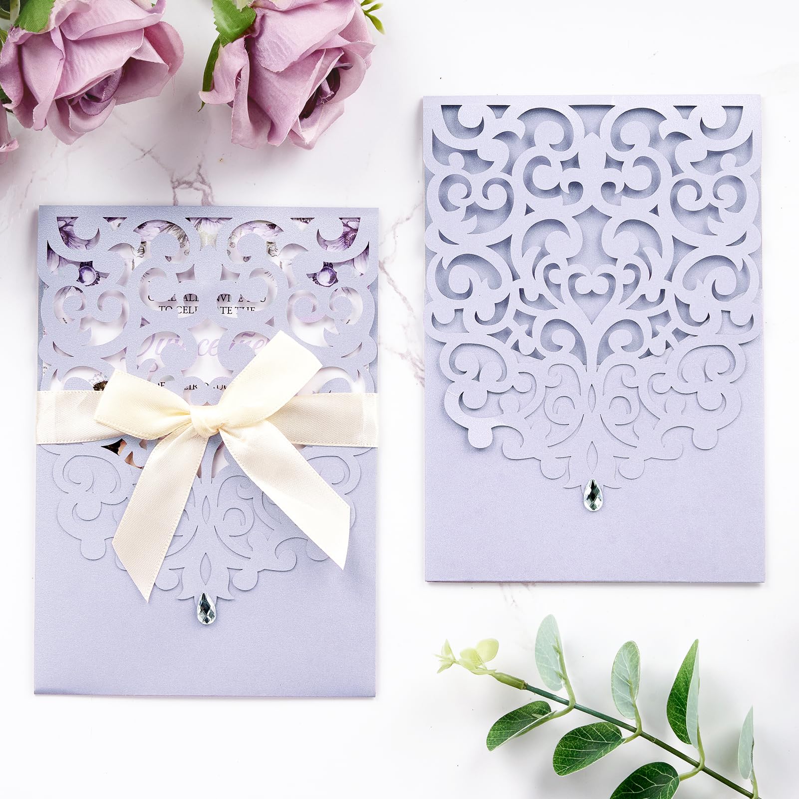 Blanko-Hochzeitseinladungen mit Umschlägen und Antwortkarten, Hellviolett, 50 Stück | Lasergeschnittene Einladungskarten, komplett blanko, für Hochzeit, Verlobung, Babyparty, Brautparty, Quinceanera Sweet 16