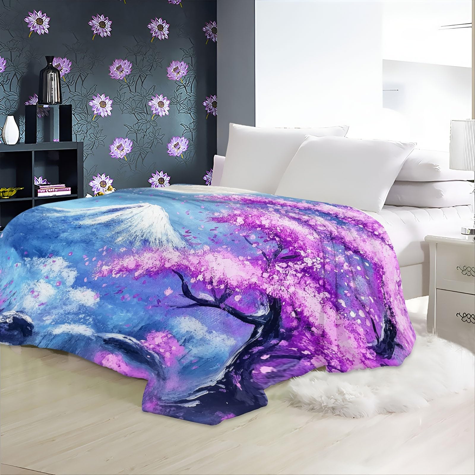 Miękki i lekki koc polarowy, elegancja w kwiaty księżyc, oddychający koc flanelowy, zmywalny, 200 x 200 cm, odpowiedni do sofy w łóżku i na pikniki